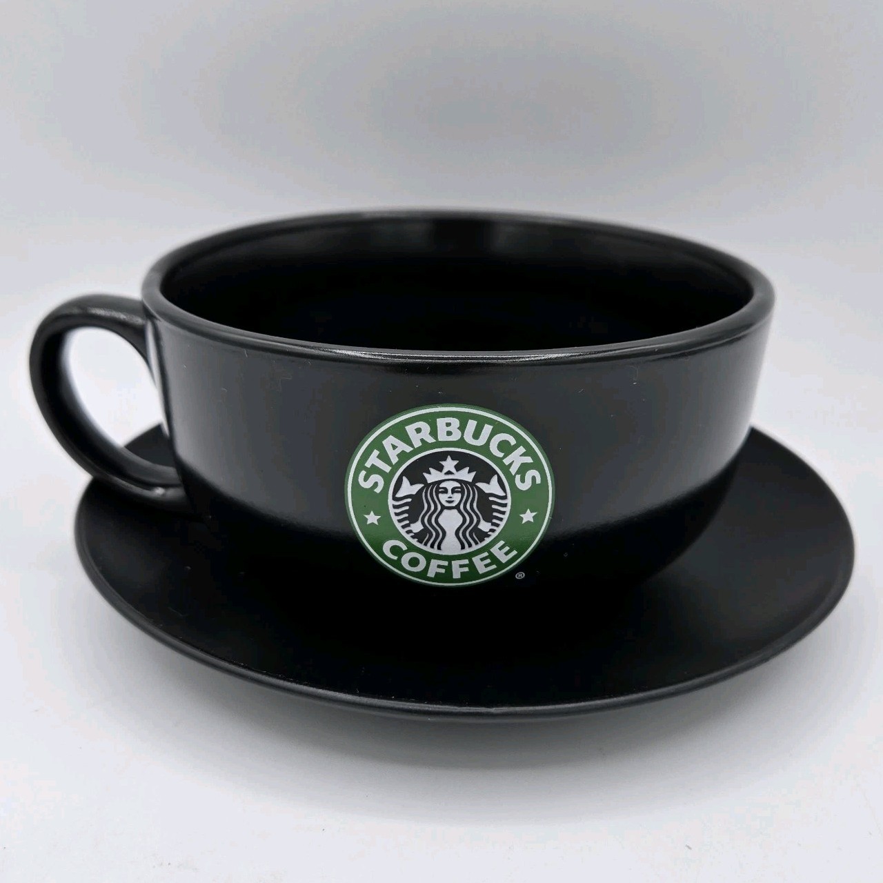 Starbucks 2008 Black Coffee Soup Mug Cup And Saucer Mermaid Logo 18 oz XL