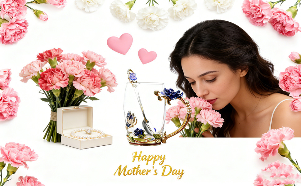 Gifts for Mom Women Unique Blue Tea Mug With Spoon Set & Flower Decoration –