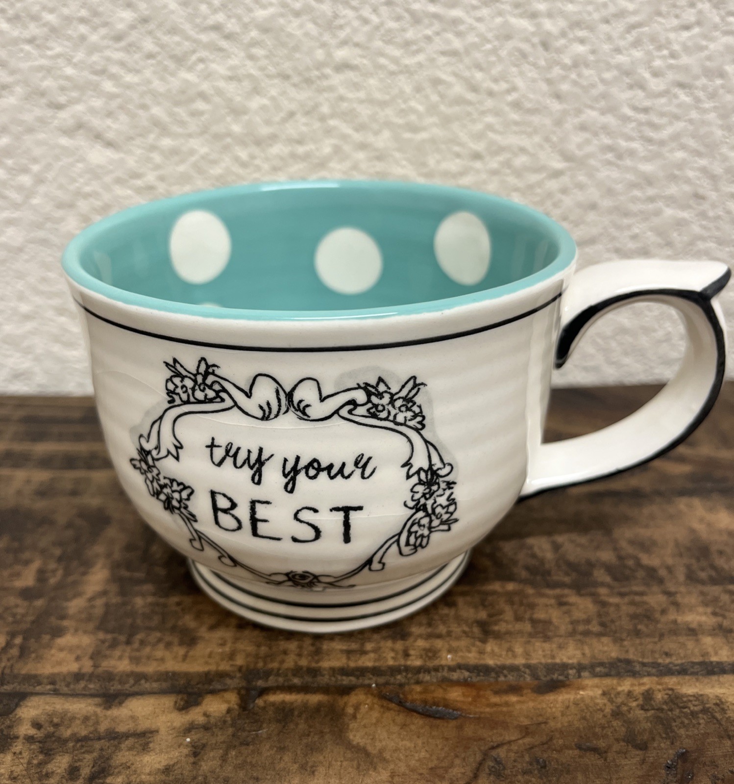 Anthropologie Katie Mandy “Try Your Best” Coffee Mug Tea Cup Polka Dot 14oz