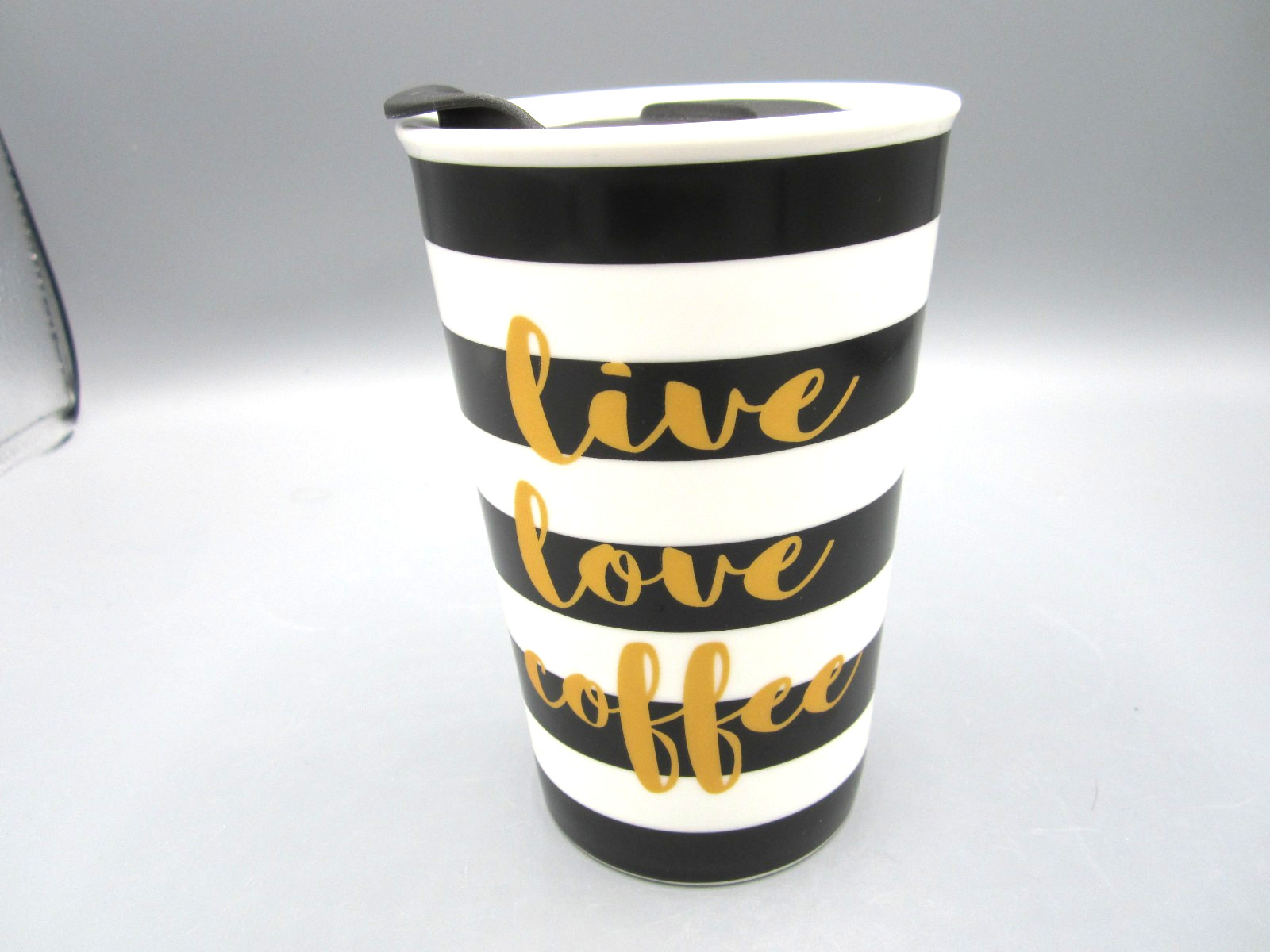 Clay Art Black White Gold, “Live Love Coffee” Travel Mug 10 oz w/Lid (469)