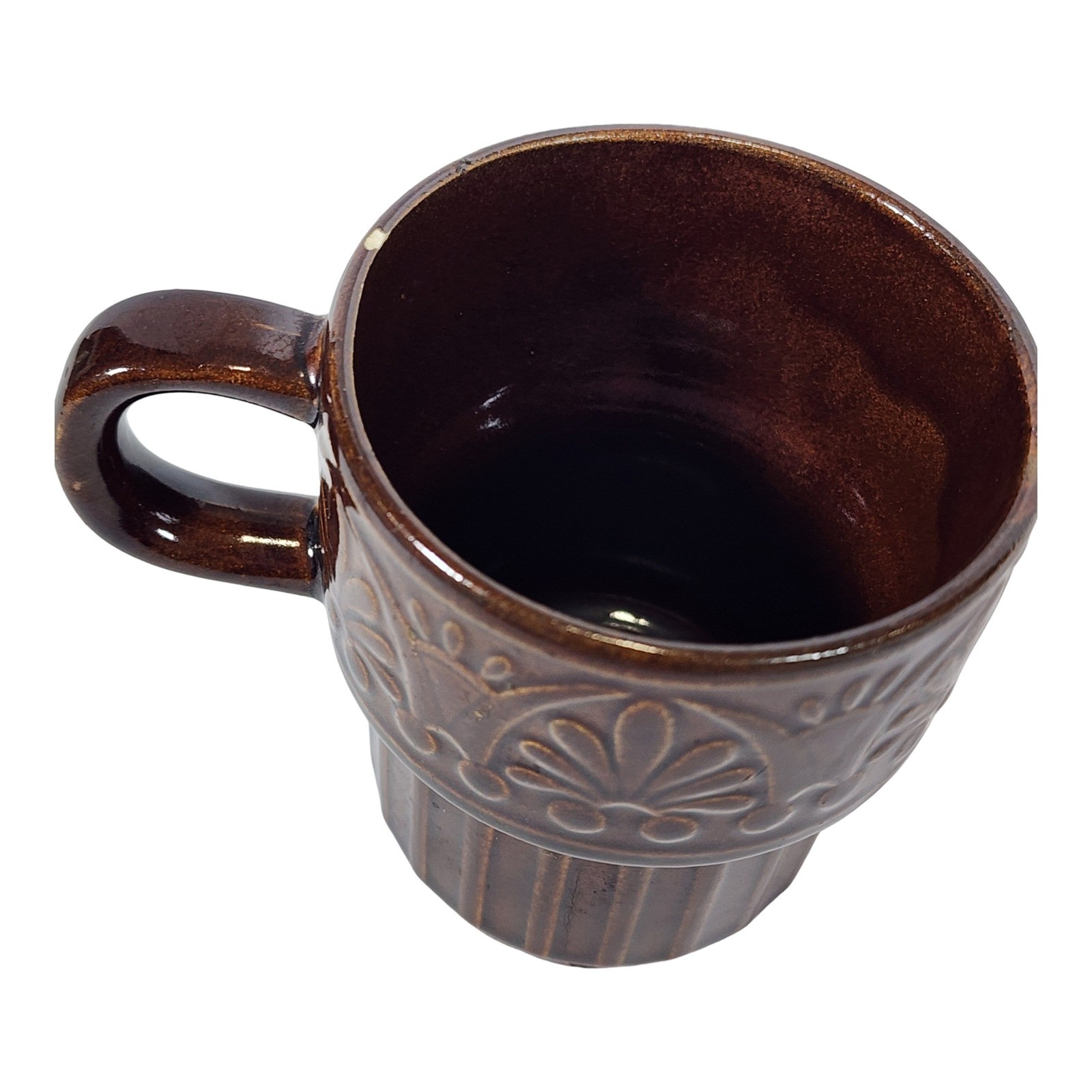 Vintage Brown Ceramic Coffee Mug Embossed Floral Fluted Japan Mid Century Modern