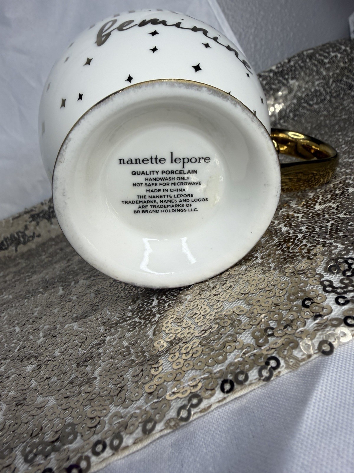Nanette Lepore Fiercely Feminine Porcelain Coffee Mug White Gold Decorated