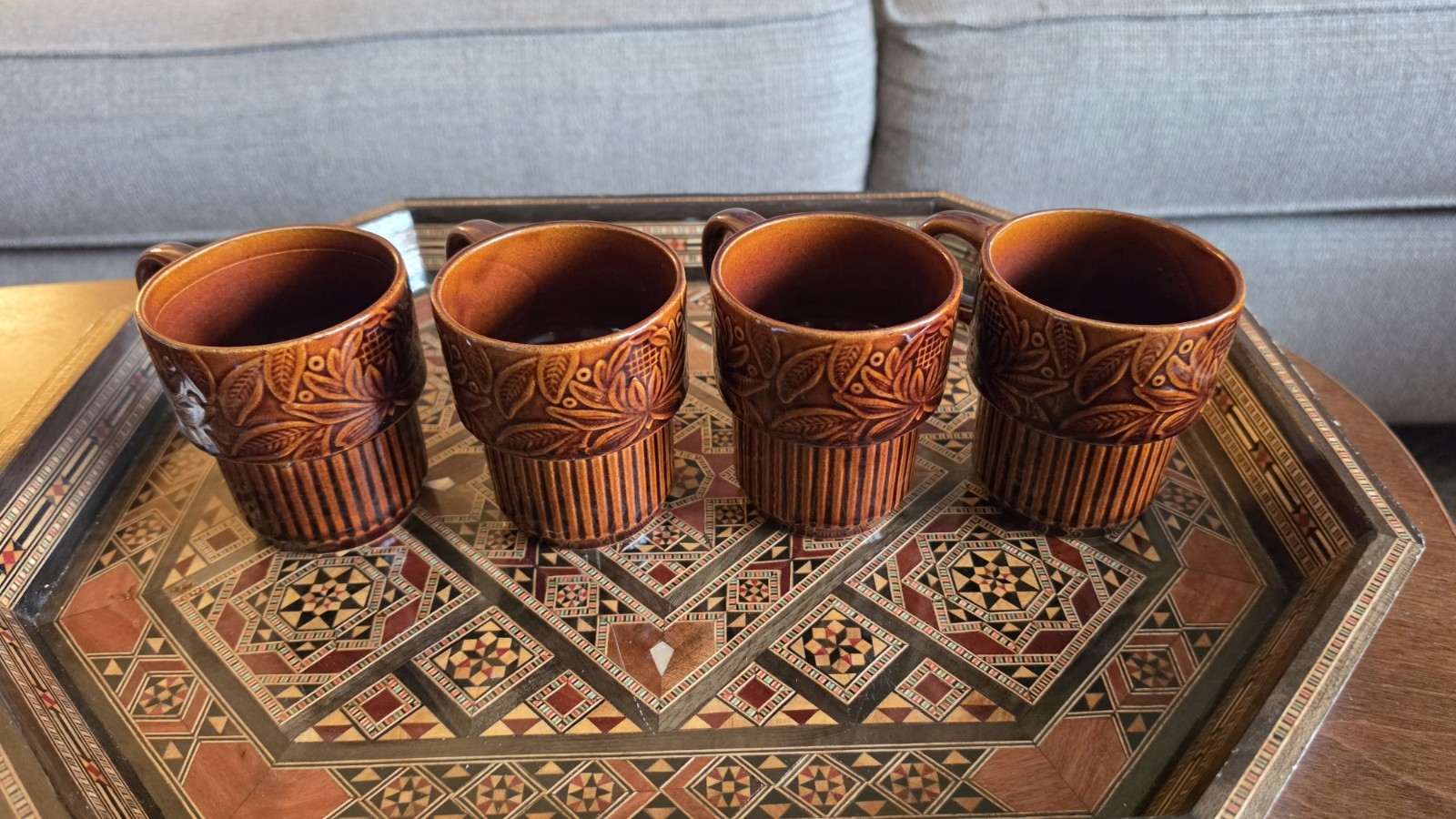 Set of 4 Brown Floral Embossed Ceramic Coffee Mugs Marked Japan