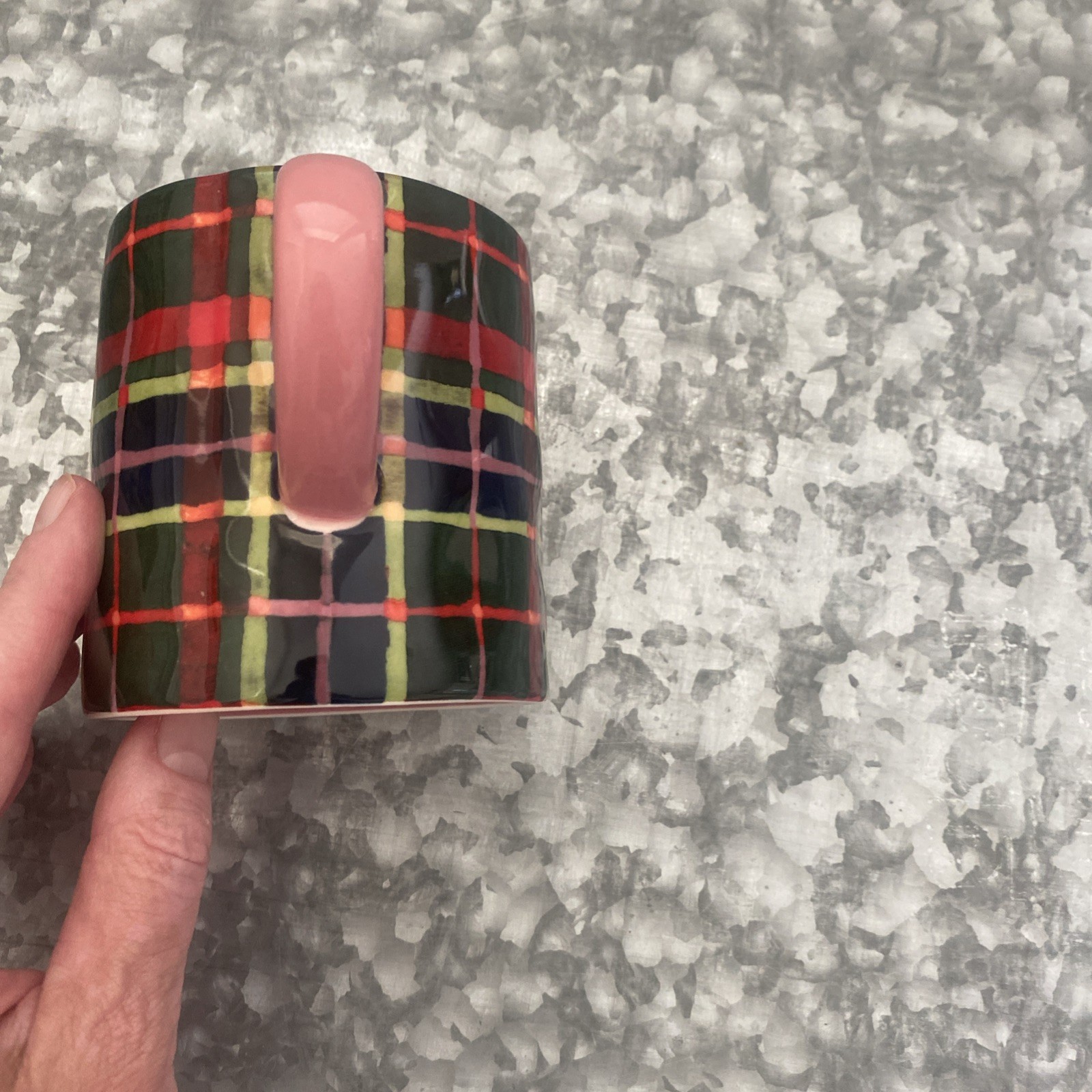 Anthropologie Tartan Plaid Stoneware Coffee Tea Mug Pink Interior & Handle