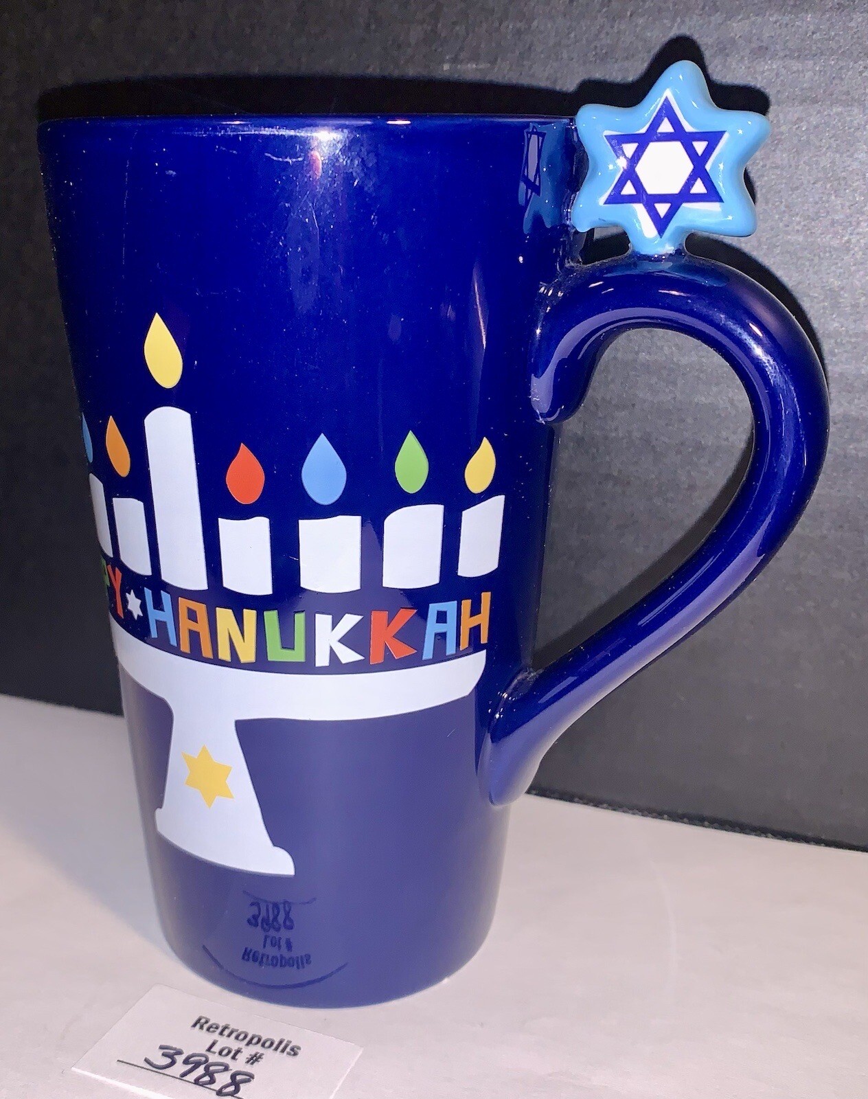Happy Hanukkah Menorah & Star of David Ceramic Blue Coffee CUP Mug
