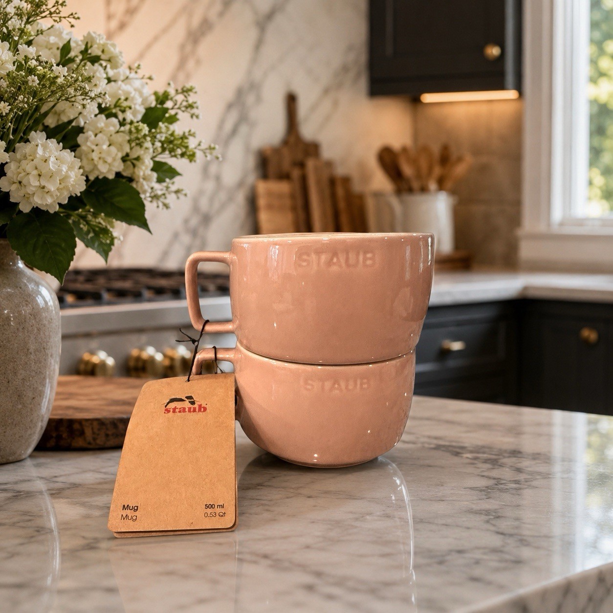 Staub Set of 2 Light Pink 17 oz Stackable Ceramic Coffee Mugs NWT 500ml