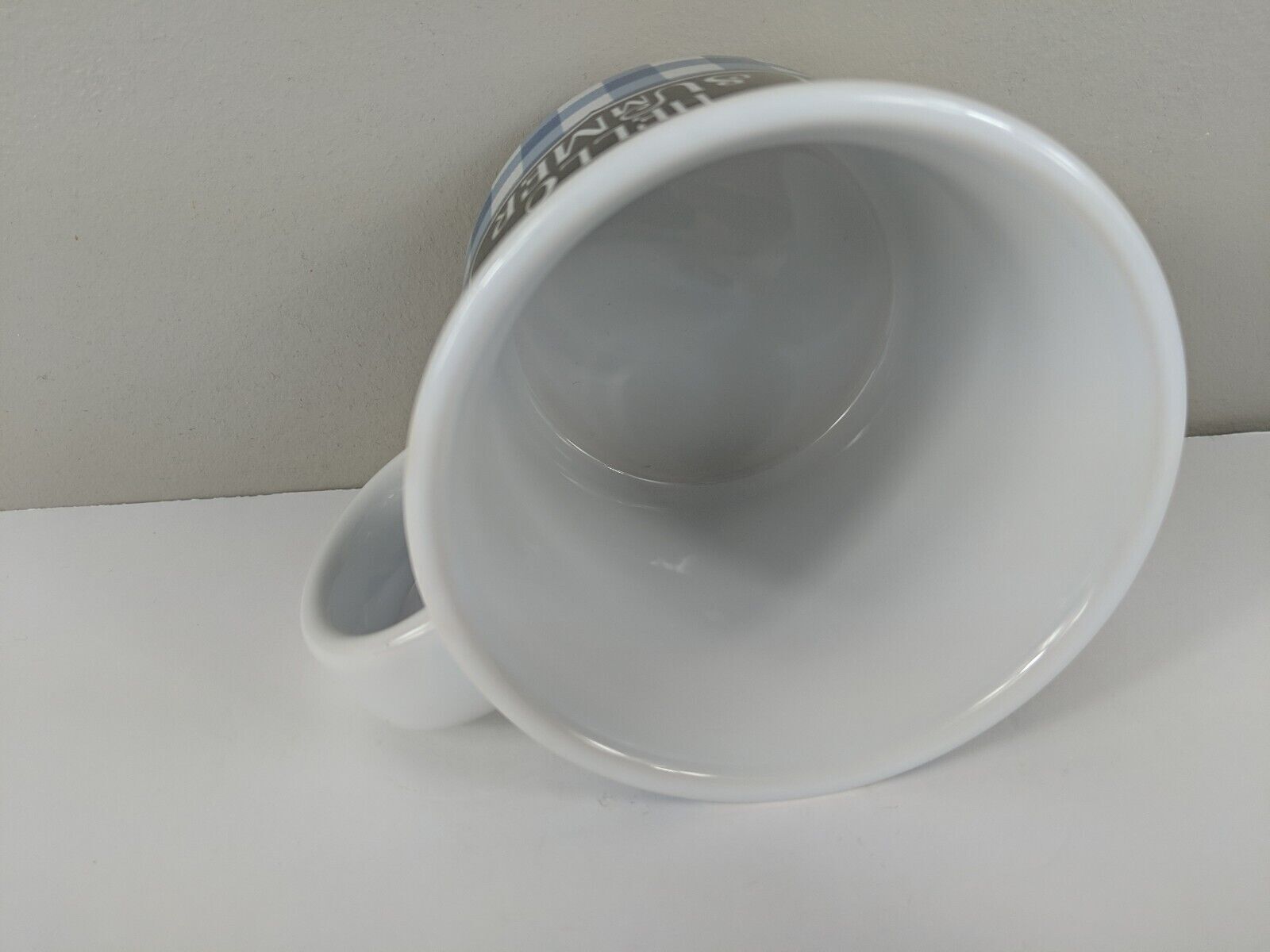 Hello Summer Large Coffee Mug, White w/ Blue Plaid