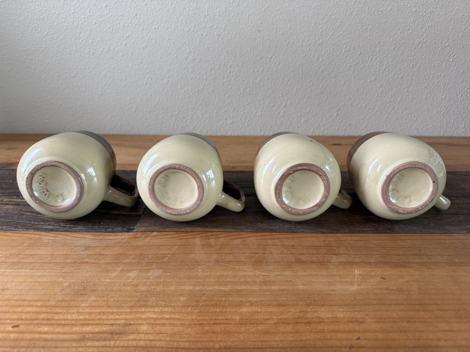 Set of 4 Vintage Stoneware Tri-Color Earthtones Coffee Mugs 1970s, Taiwan