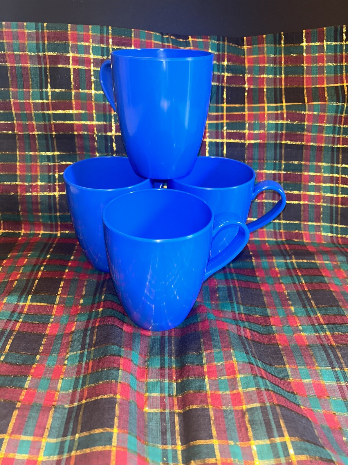 4 Crate & Barrel Mugs By Bodum 12 Oz Blue Cups VTG Non Breakable MCM Camper Cup