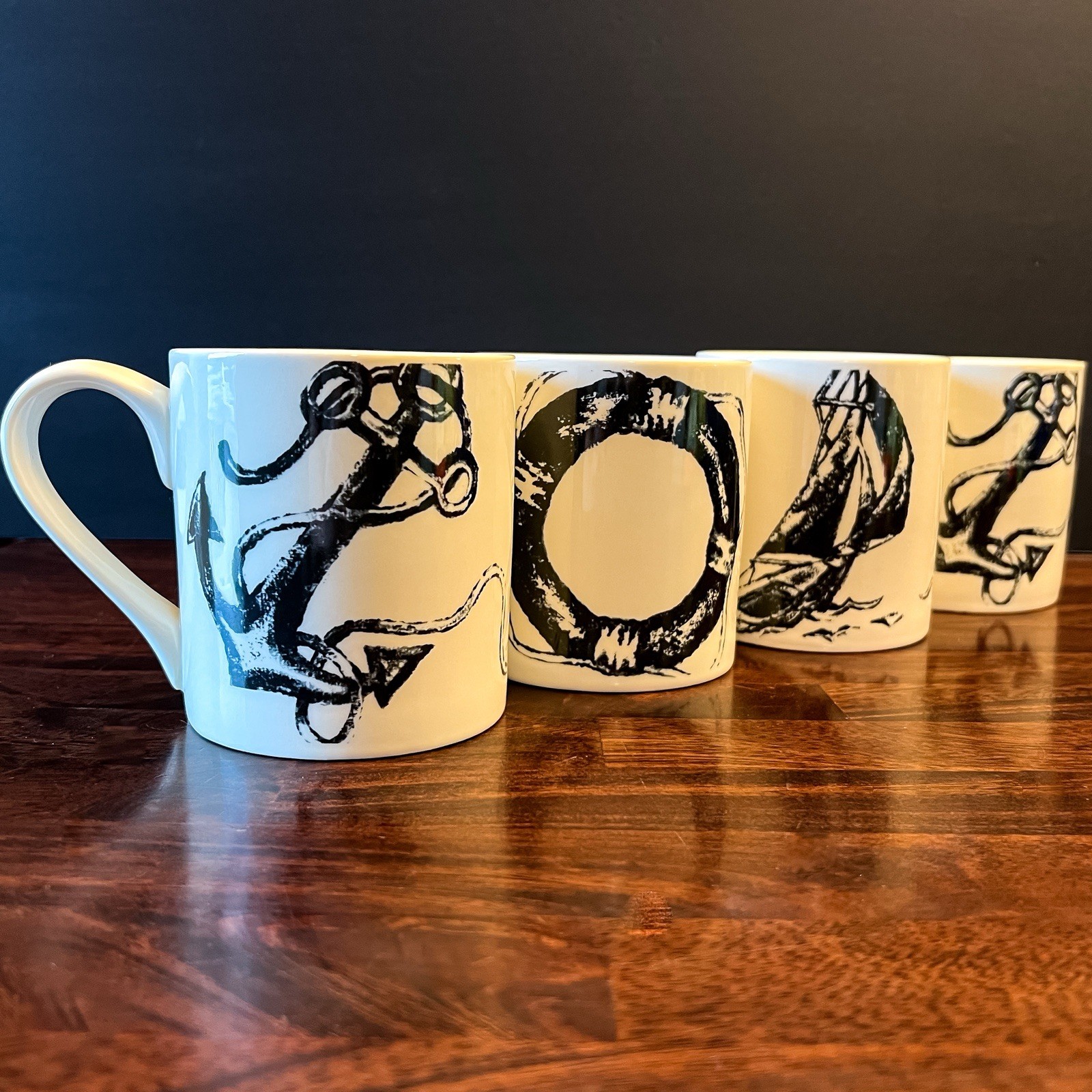 Ralph Lauren Maritime Stripe Set of 4 Coffee Mugs Nautical Anchor Sailboat 16 Oz