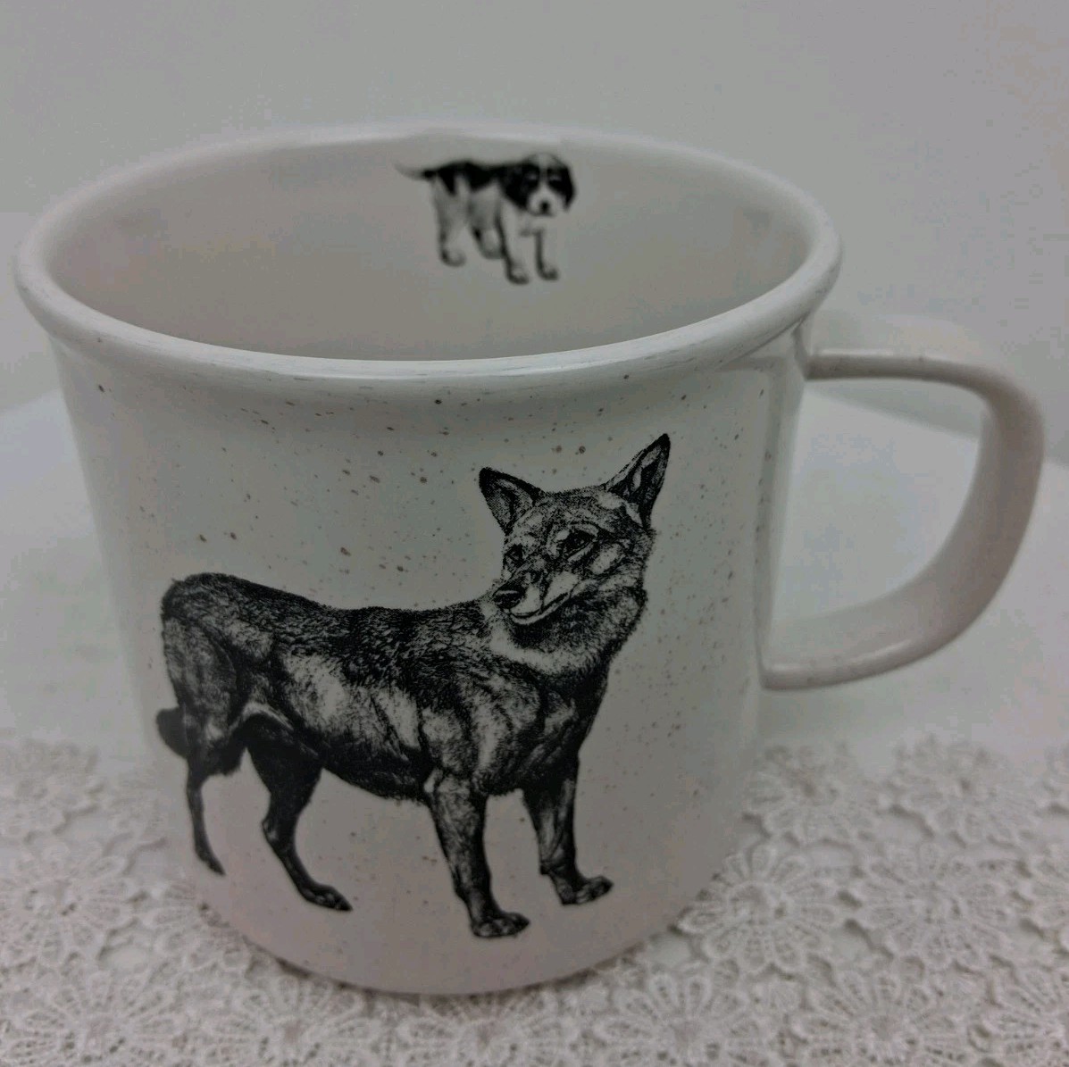 Pottery Barn Wolf Coyote Puppy Dog Black White Speckled Splattered Lg 16 Oz Mug