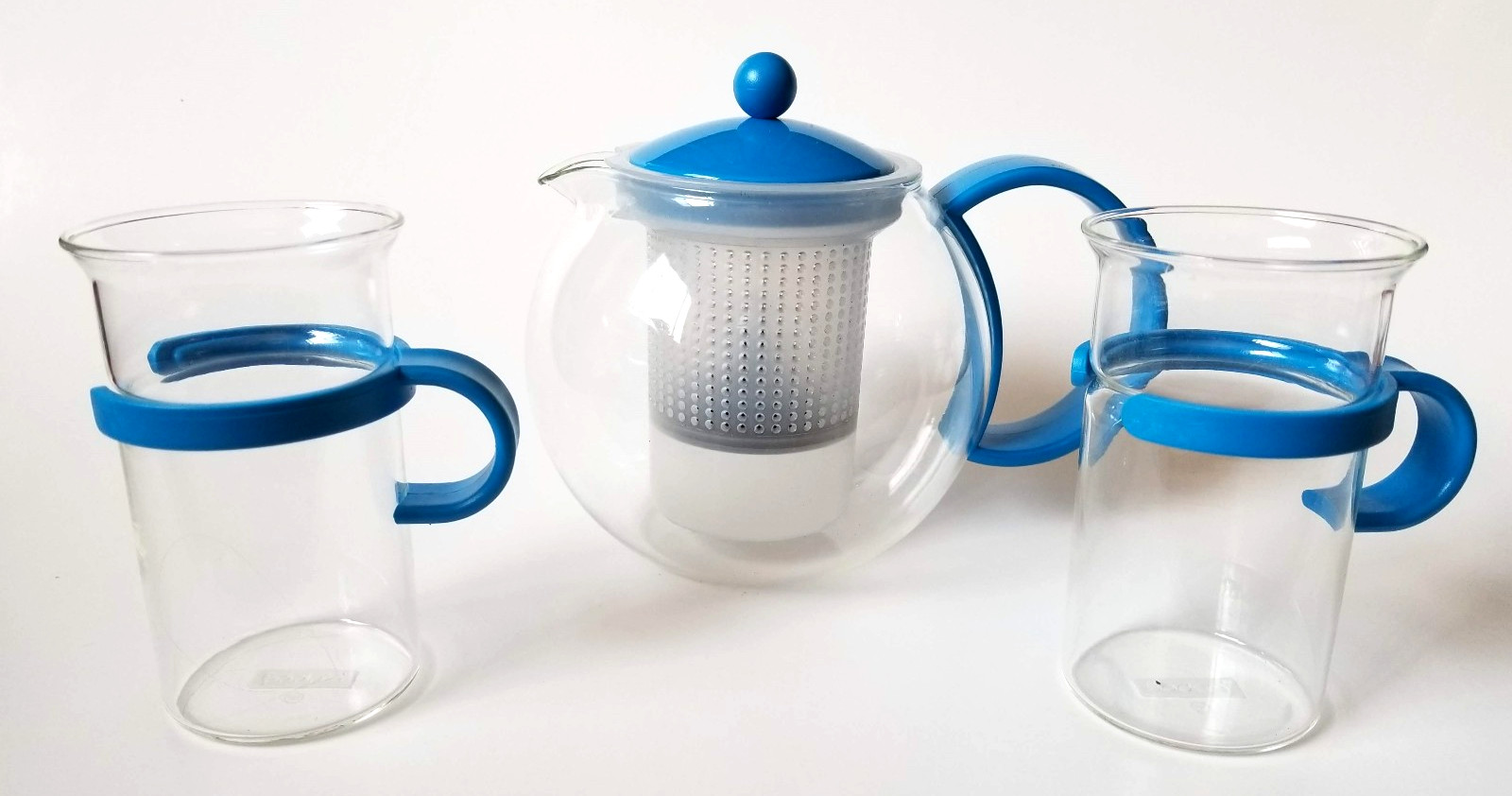 Bodum Assam Glass Tea Press Infuser Teapot Set Mugs Blue Handles