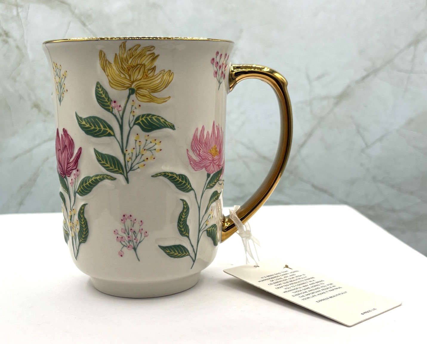 Papyrus Porcelain Ceramic Embossed Floral Coffee Mug 24K Gold Trim Handle 14oz