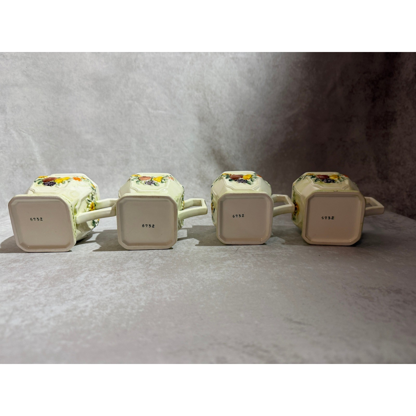 Lefton Fruit Fantasia Daisy Raised Relief Ceramic Mugs Set of 4 Square Pedestal