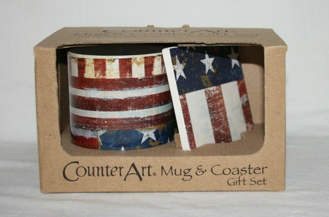 Counter Art 11oz Mug 4″ Stone Coaster Gift Set Patriotic Patchwork