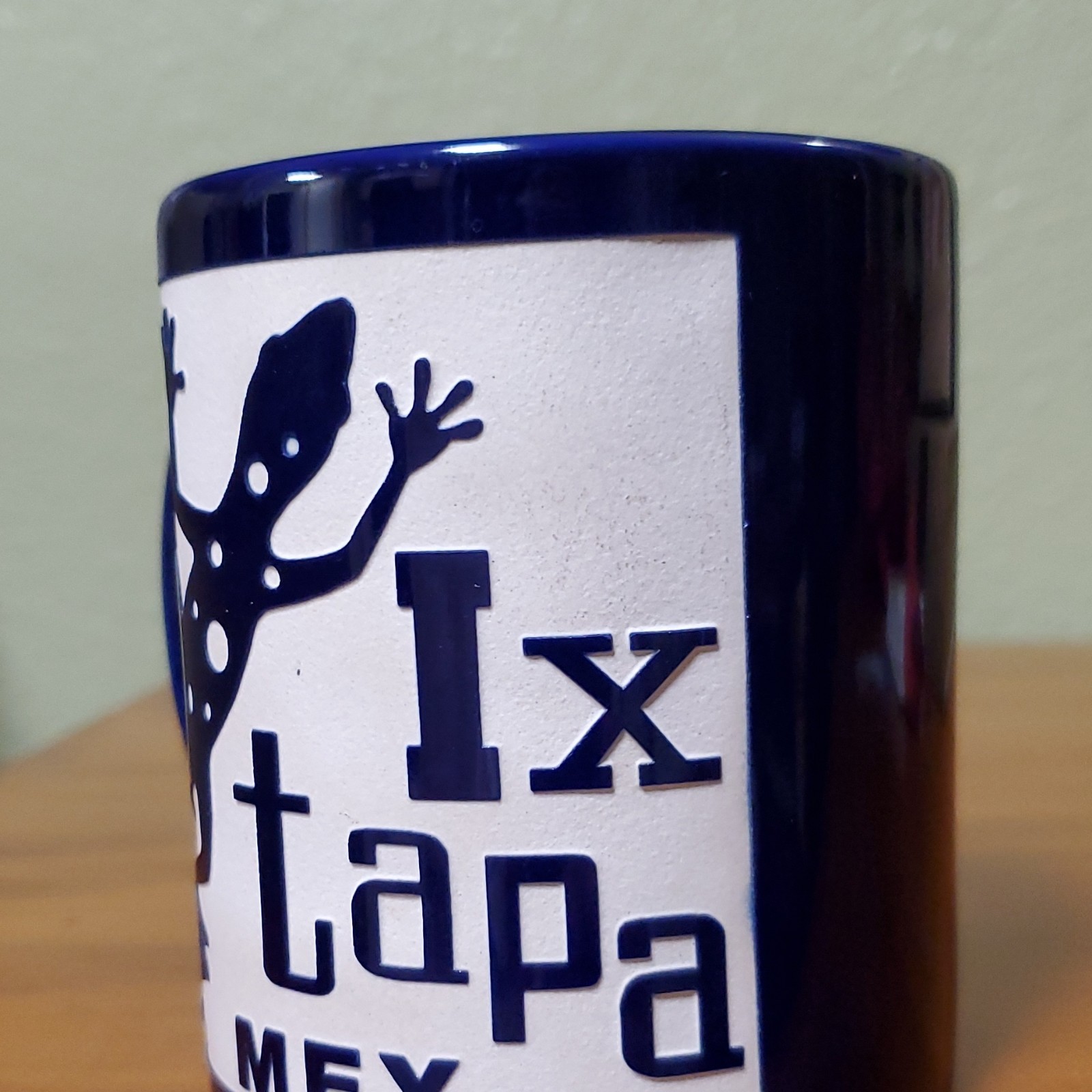 Blue & White Ceramic Coffee or Tea Mug 8 fl oz “Ix tapa MEX” Lizard Mexico Decor
