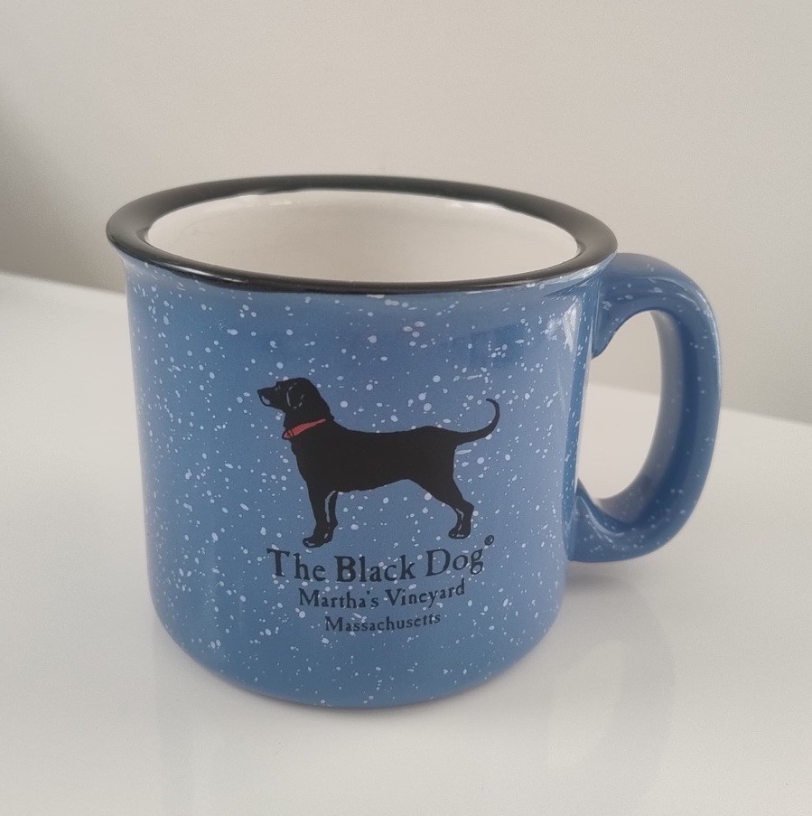 The Black Dog Speckled Ceramic Coffee Mug, Blue/White/Black Dog Graphic