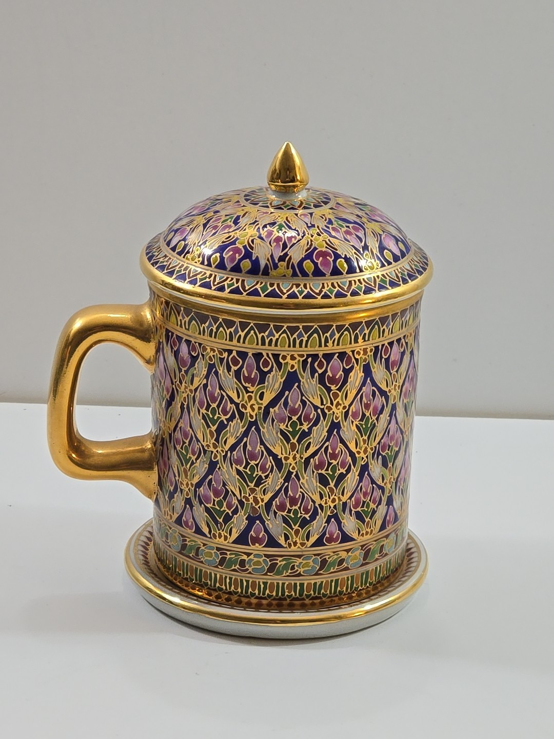 Thai Benjarong Gilded Hand Painted Porcelain Mug with Lid & Saucer Floral Design