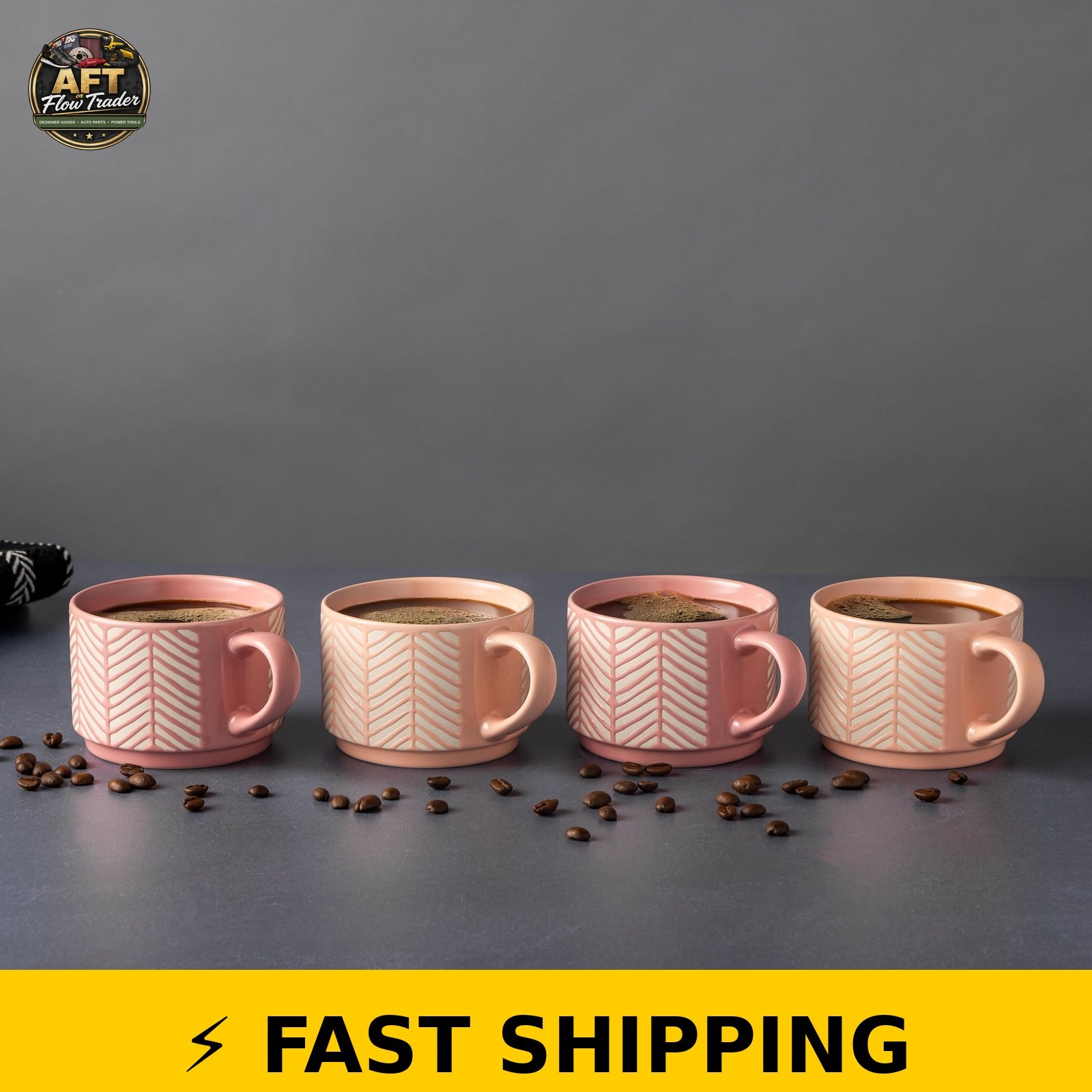 Thyme & Table Stacking Mugs, Pink & White Lines, Set of 4