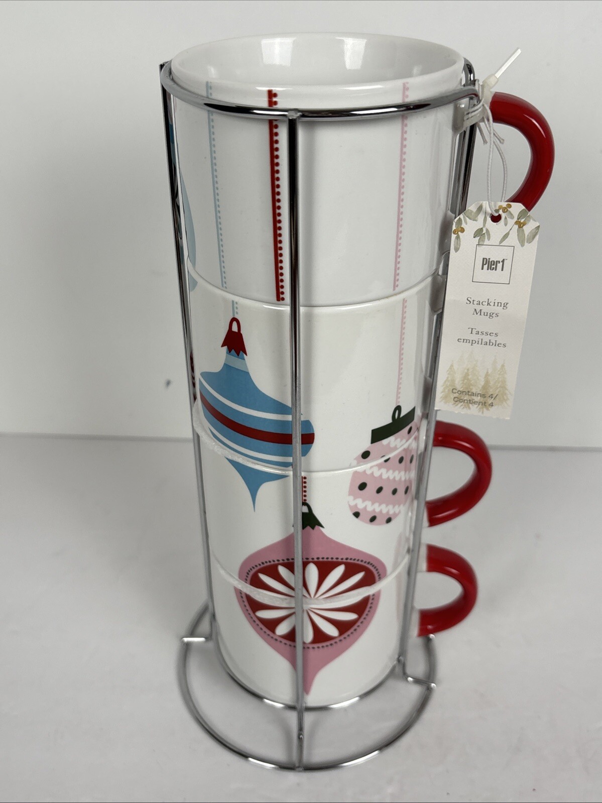 Pier 1 One Stacking Stackable Mugs Cups Set of 4 Christmas Ornaments Rack Stand