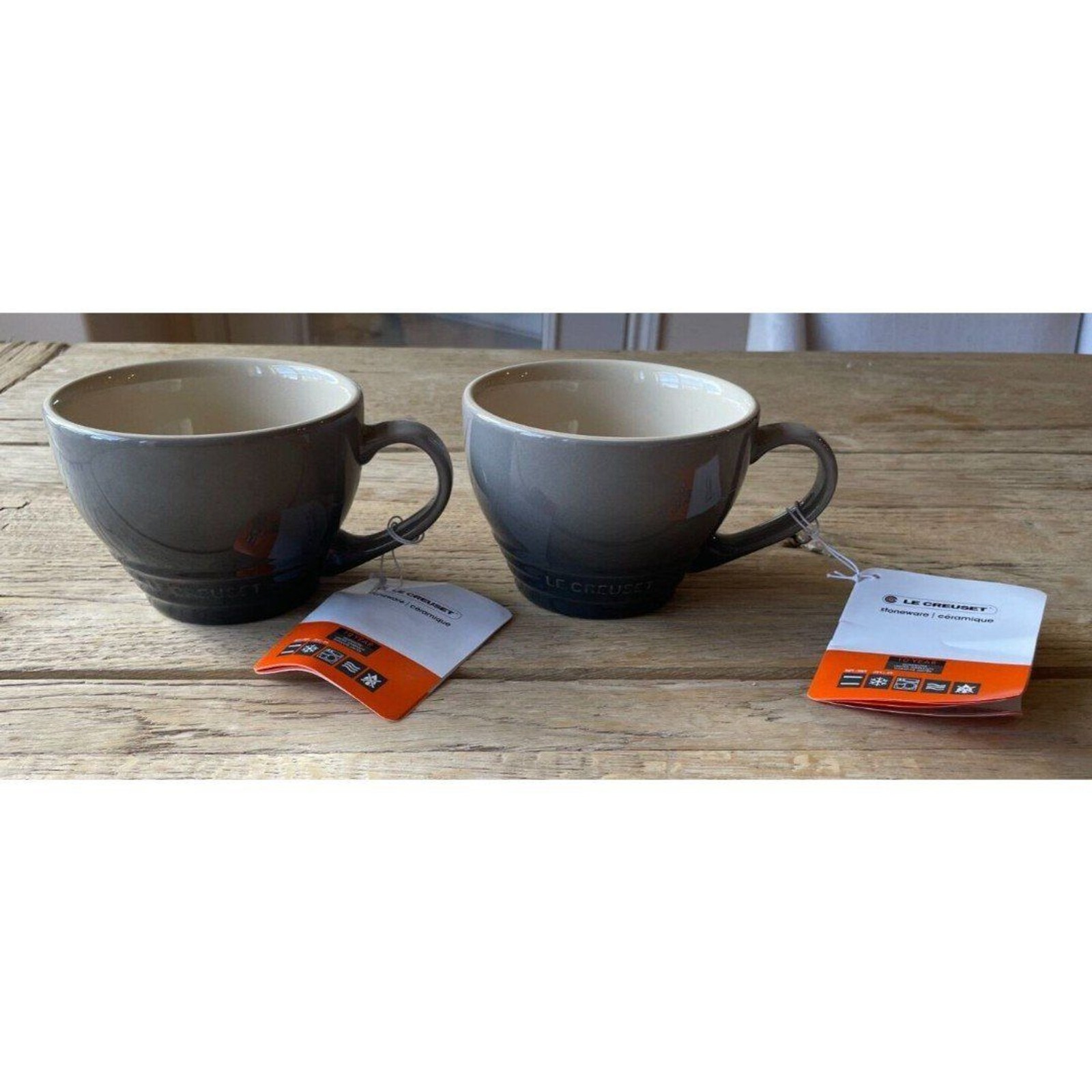Le Creuset Stoneware Set of 2 Giant Cappuccino Bistro Mug 14 oz Oyster Flint NEW