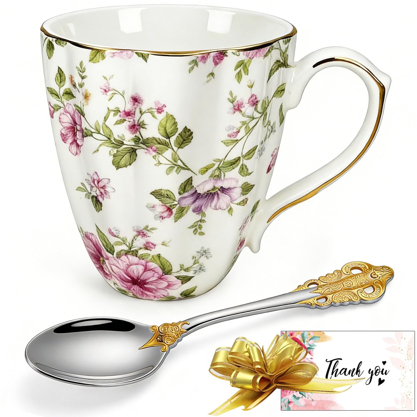 Coffee Mugs,Bone China,with gold trim,Floral Flower Vintage Pattern,Fine Porc…