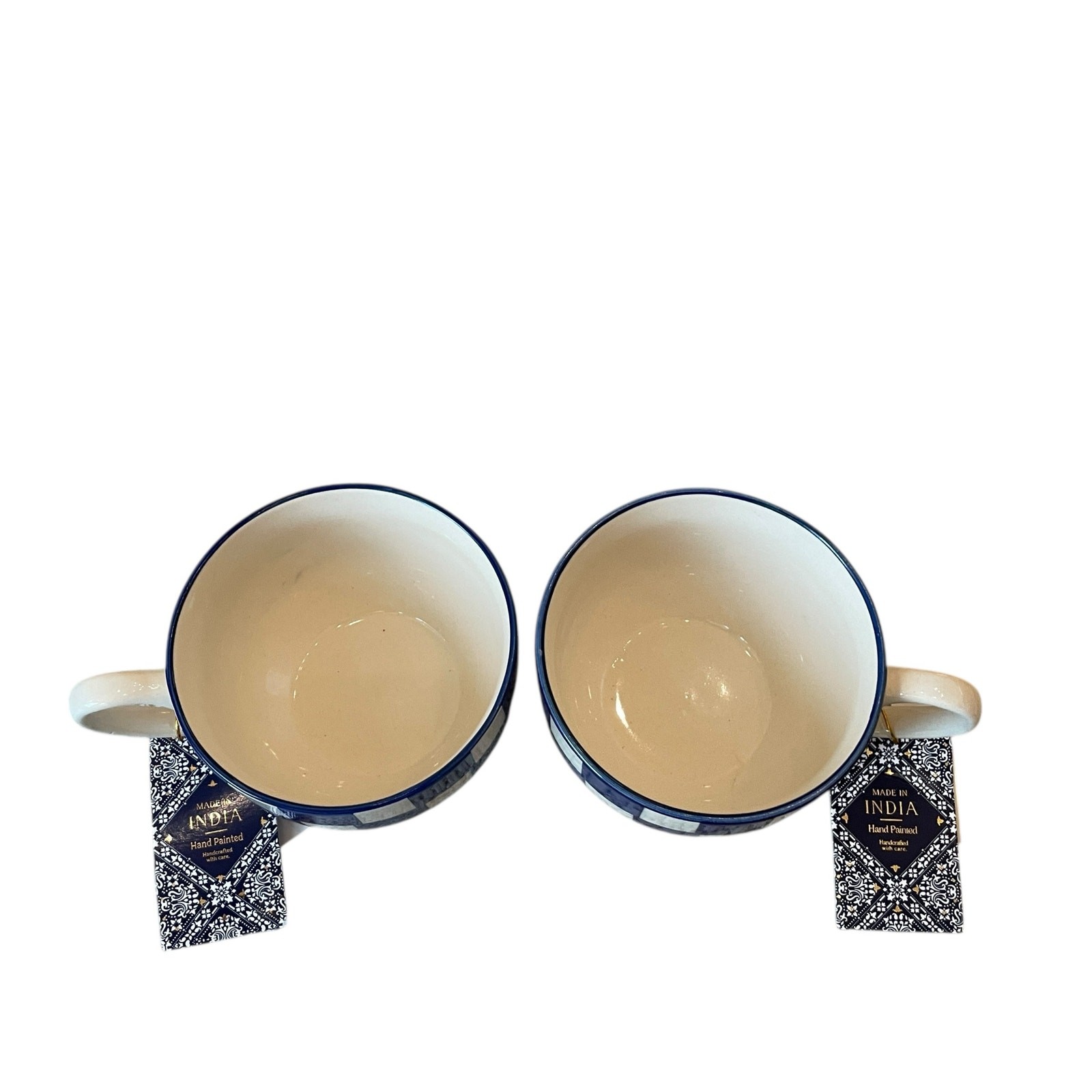Hand Painted Checkered Soup Mugs 5.5in Ceramic Made in India Blue White Set of 2