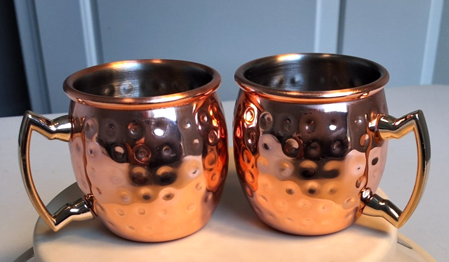 Set of 2 Mini Hammered Copper Moscow Mule Mugs 2 in Tall Brass Handles