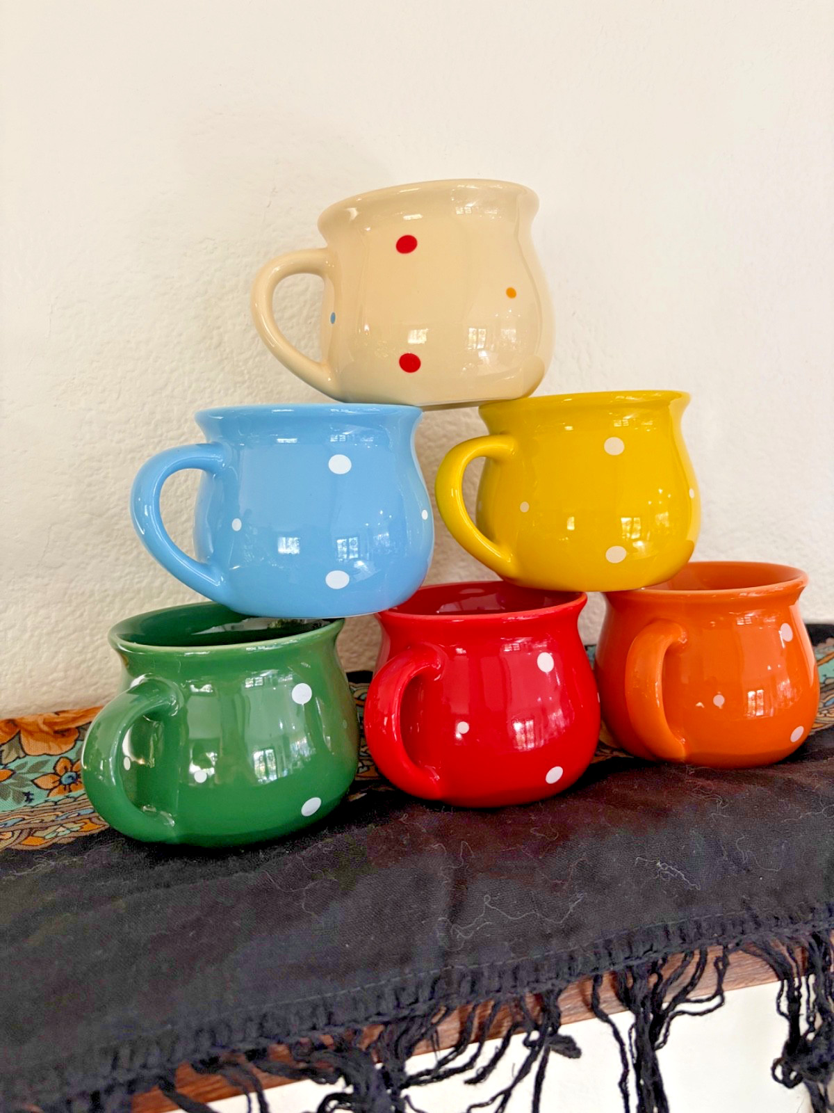 Colorful Polka Dot Coffee Mugs Set of 6 Ceramic Retro Rainbow Cups Red Blue Yell