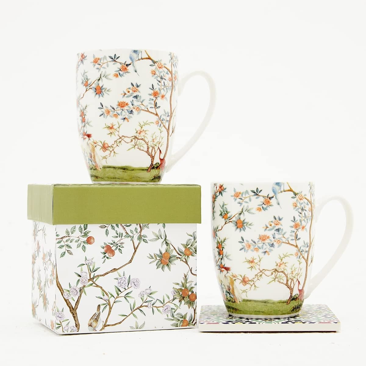 Fine China Mugs Bird and Branch Chinoiserie Coffee Mugs Flower Tea Cup Crafted