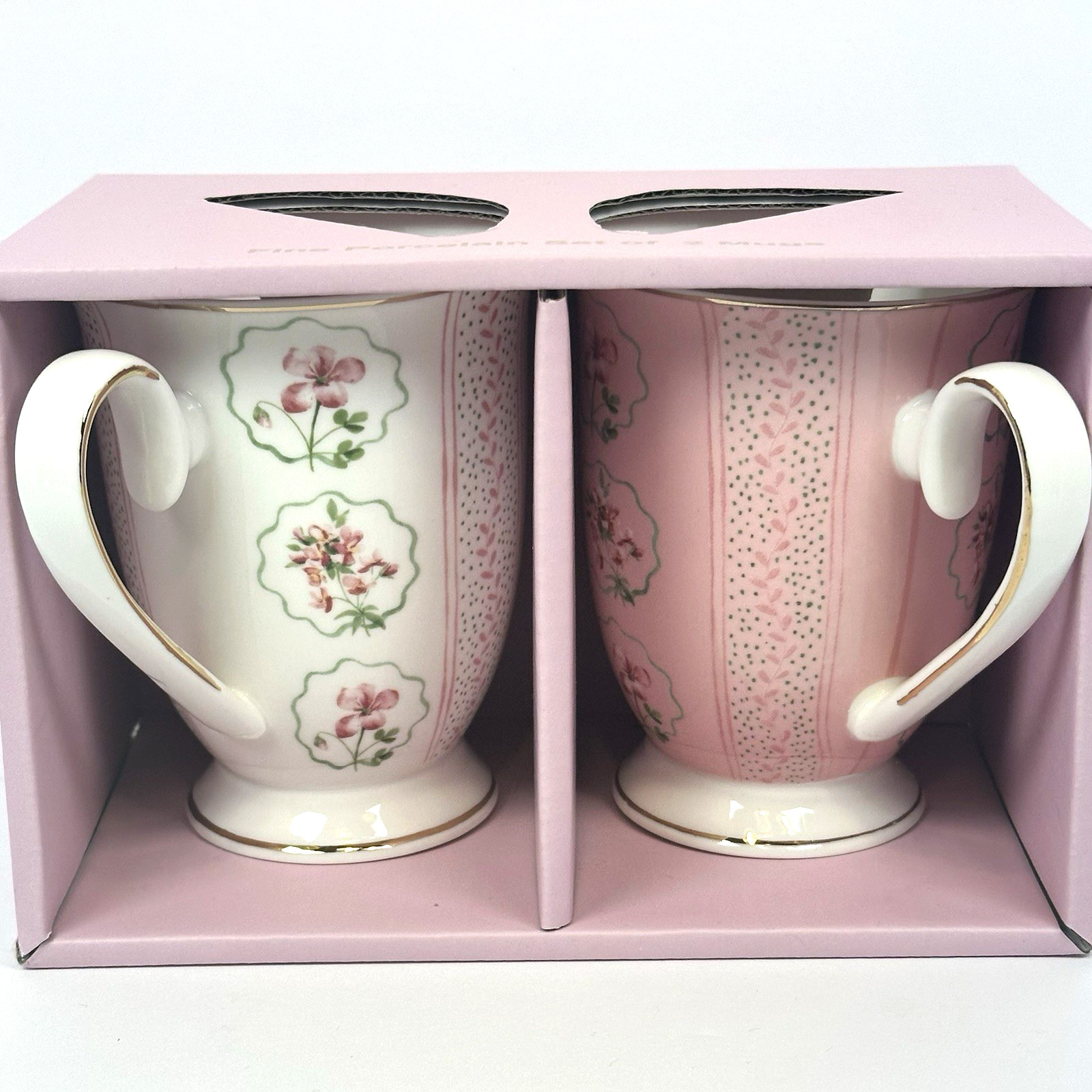 Park Chateau Floral Porcelain Mug Set Pink Ivory Gold Trim Cottagecore 2 Piece