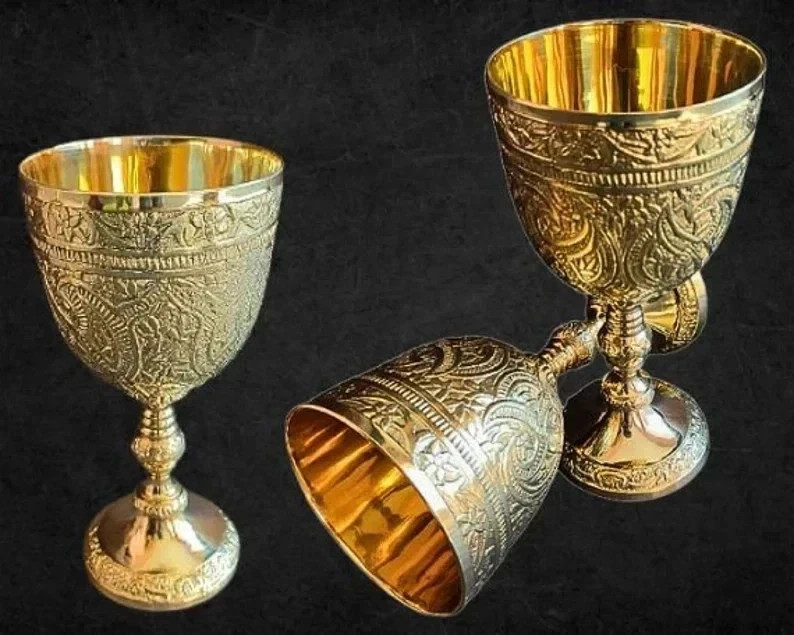 Brass Goblet Engraved Handmade Royal king Wine Cup Royal Glass 3 Unit