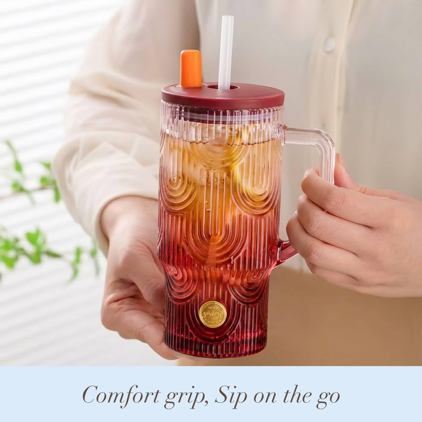 20 oz Pink Glass Tumbler with Handle, Lid, Straw and Cover, Dishwasher Safe C…