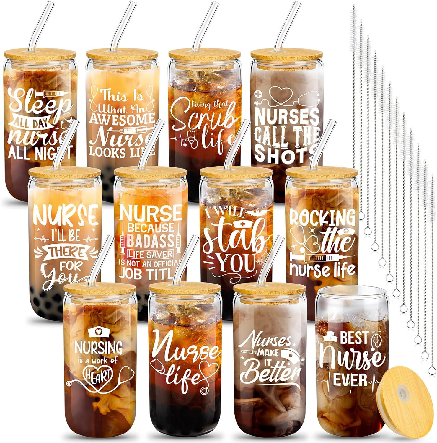 12 Pcs Nurse Gifts for Women 16 Oz Can Shaped Glass Cups with Lids and Straw Fun