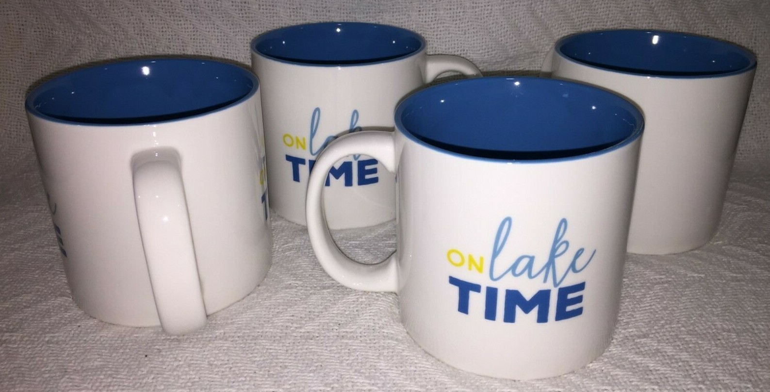 Set of 4 Clay Art 18 oz “On Lake Time” White and Blue Handle Coffee Mugs F159787