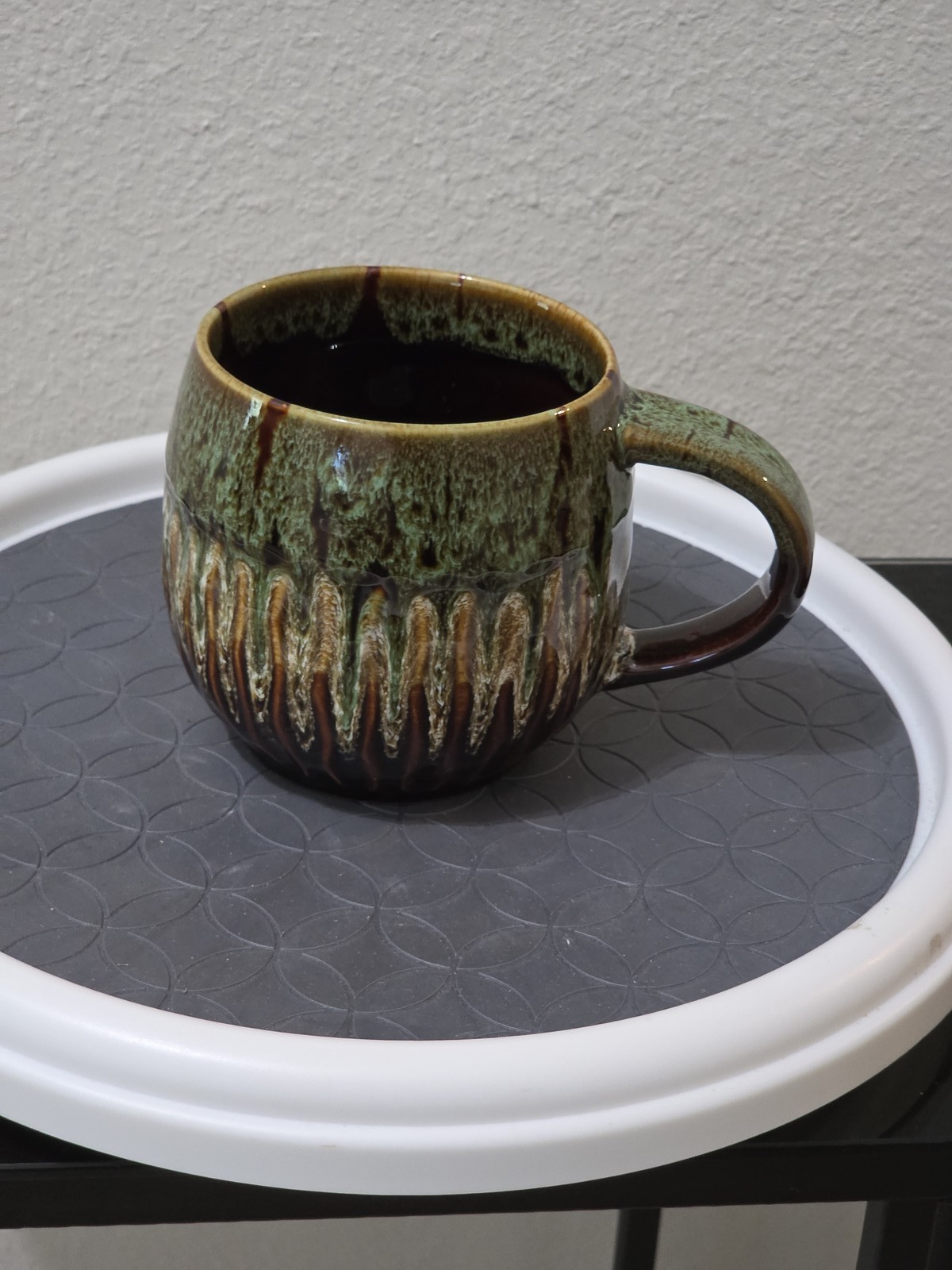 Studio Pottery Ceramic Mug Green Brown Drip Glaze Handmade Coffee Cup 4″ Tall