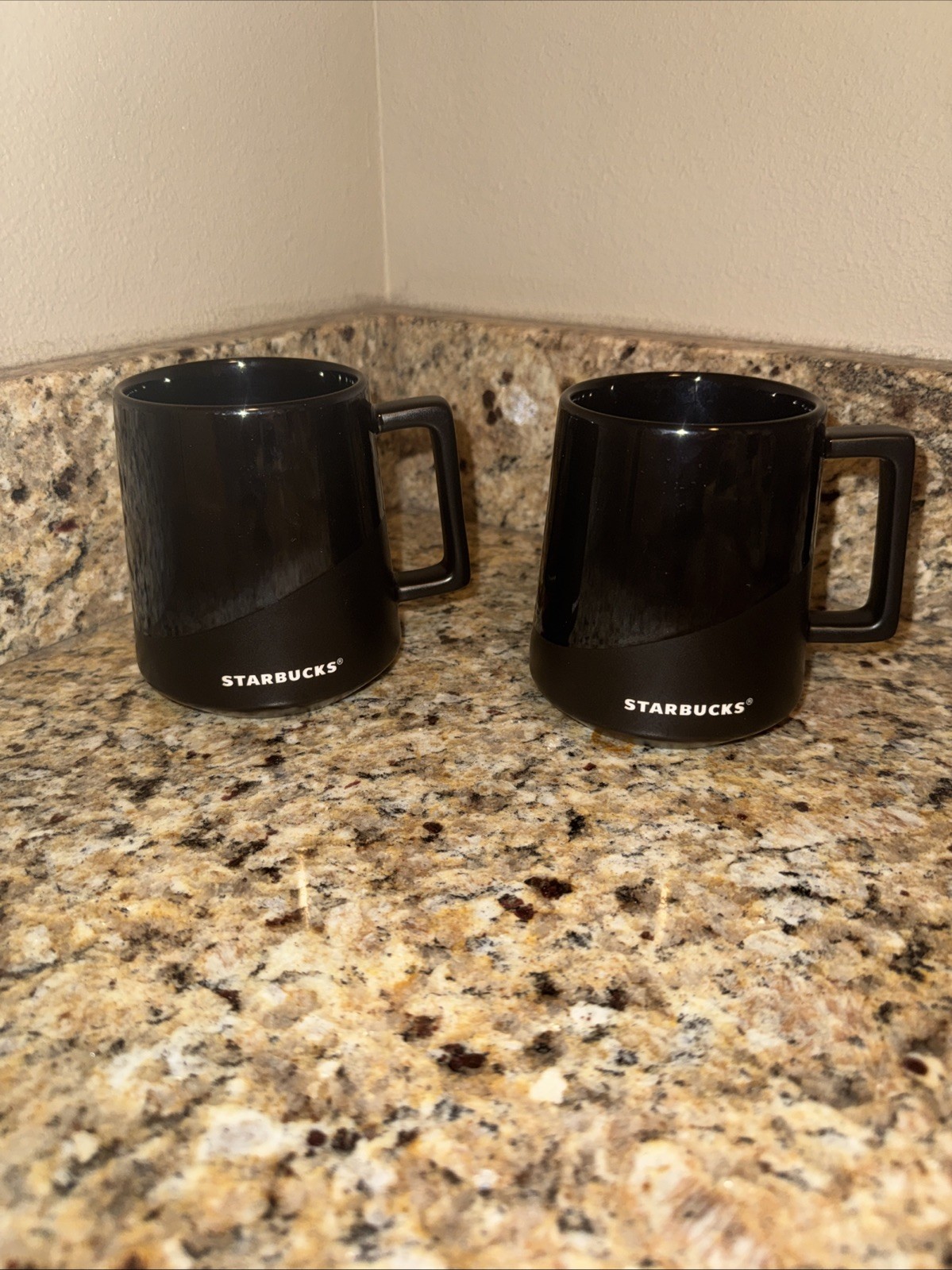 Starbucks Coffee Mugs 14oz Glossy Matte Black Ceramic Square Handle 2017 Lot Of2