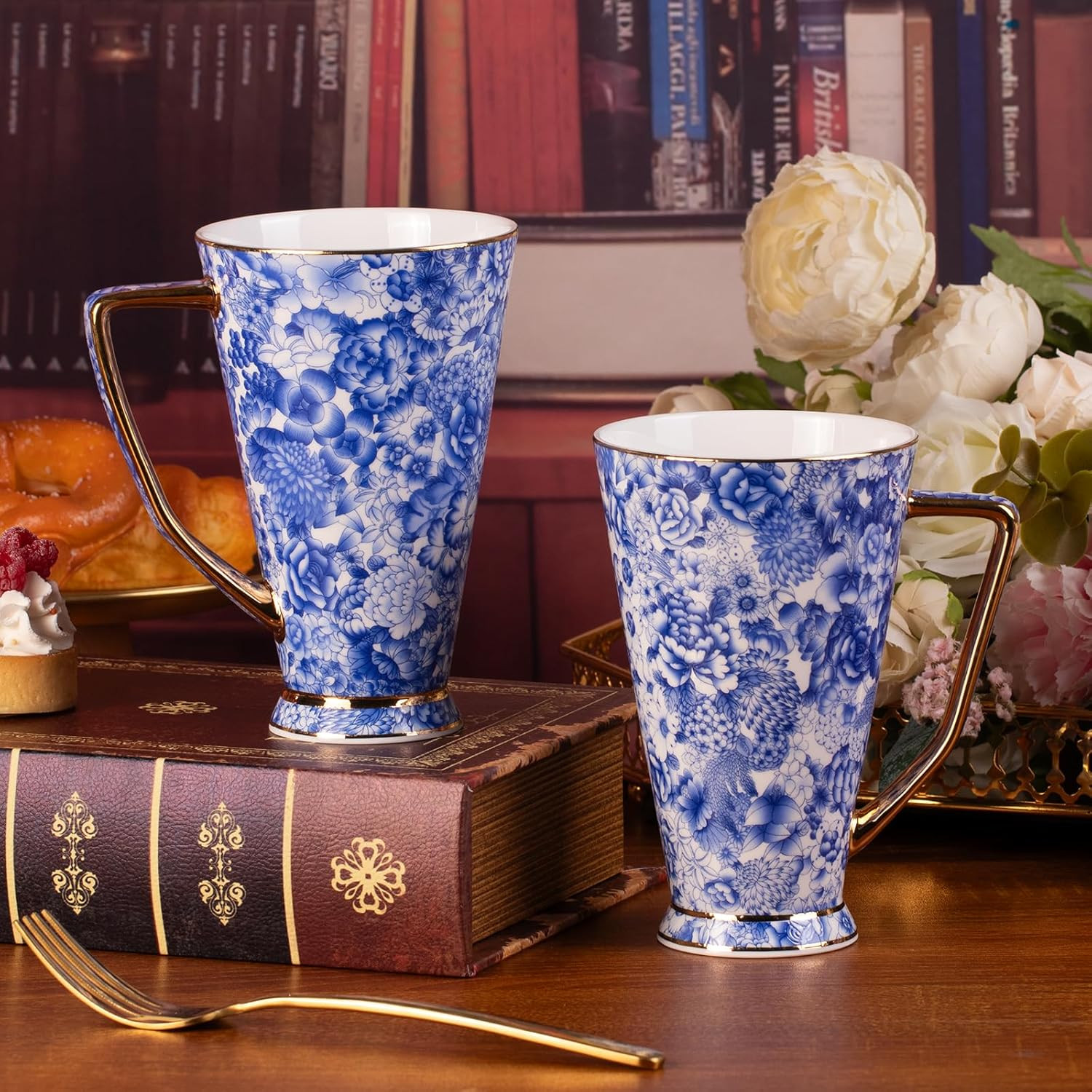 20 Oz Ceramic Coffee Mugs Set of 2 – Vintage Tall Tea Cups