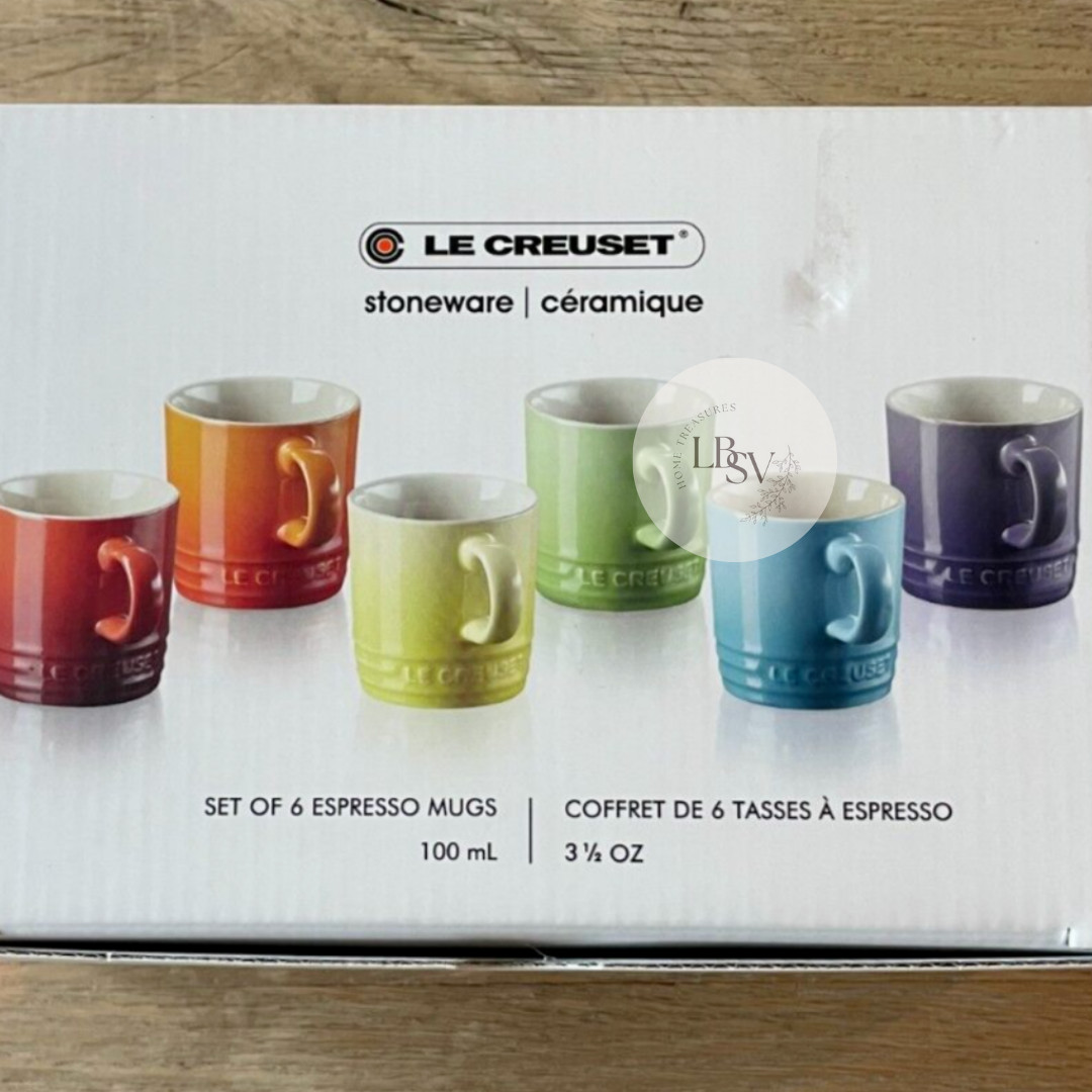 Le Creuset Stoneware Rainbow Multicolor Set of 6 3.5oz London Espresso Mugs NEW