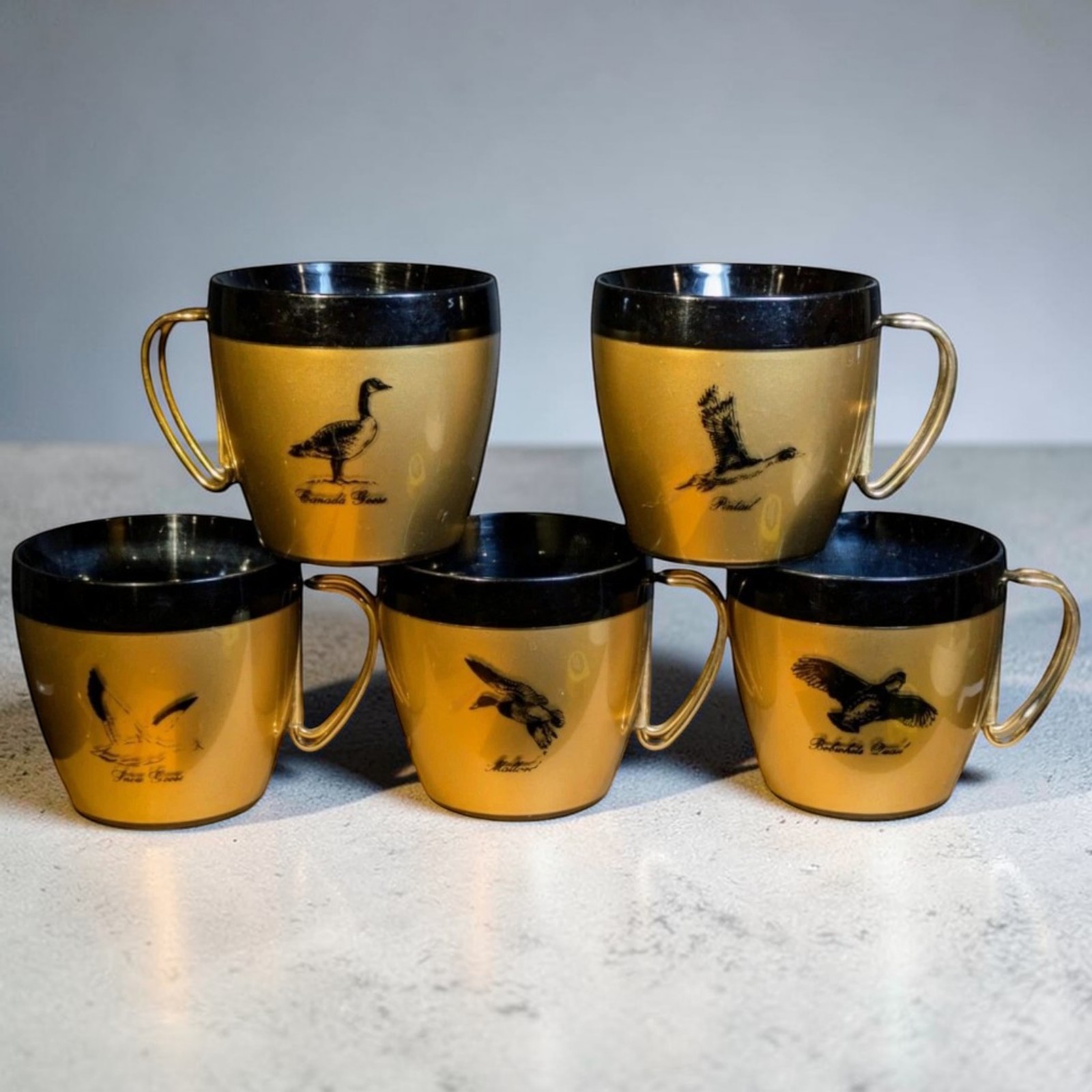 5 West Bend Insulated Mugs Cups Thermo-Serv Gold Black Birds Metal Handles MCM