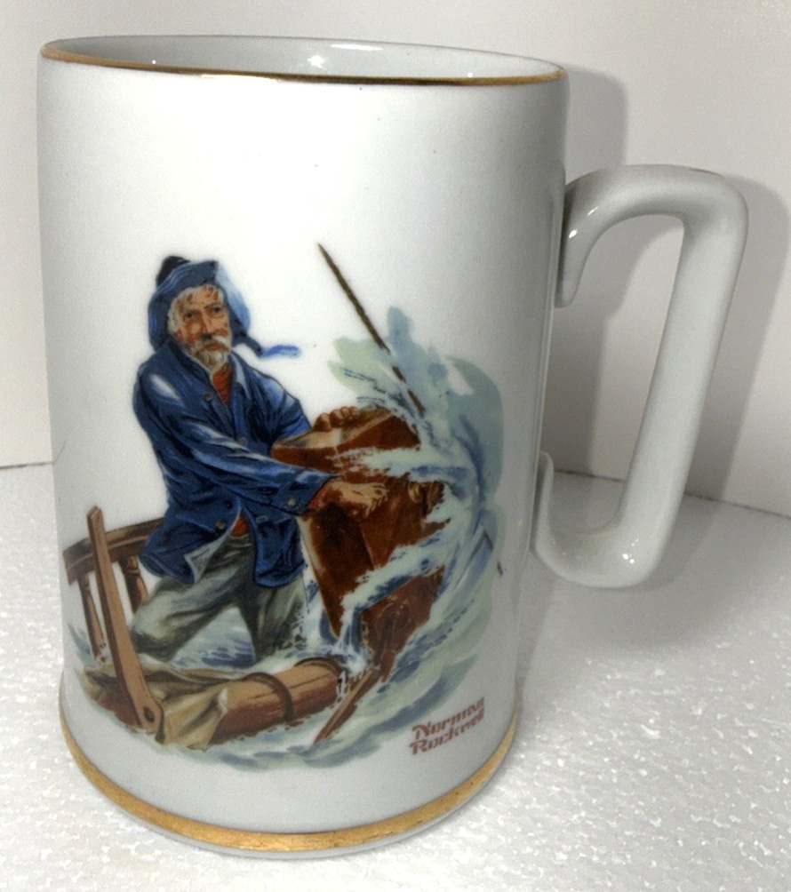 Vintage Norman Rockwell Braving The Storm Tankard Mug Cup Gold Trim coffee Tea