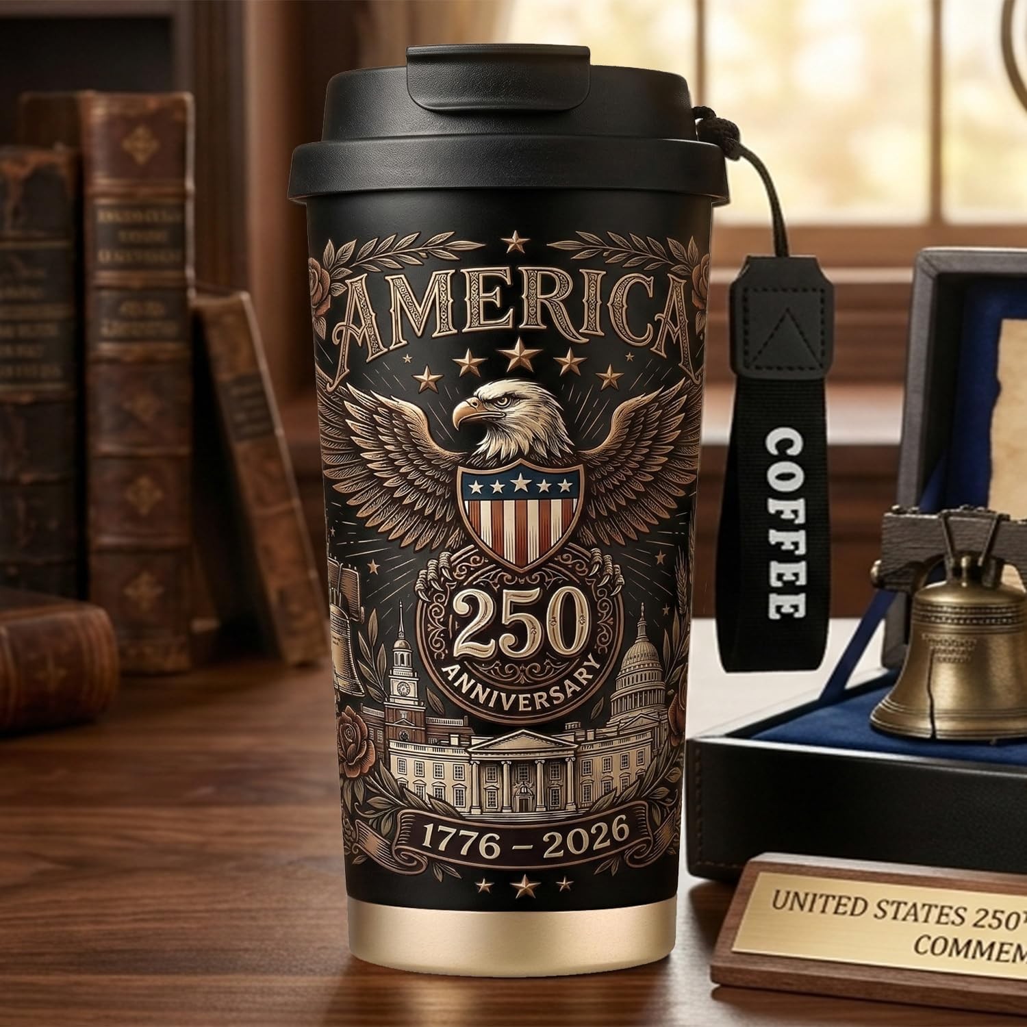 250th Anniversary America Insulated Coffee Mug 18oz Stainless Steel w/Straw, Lid