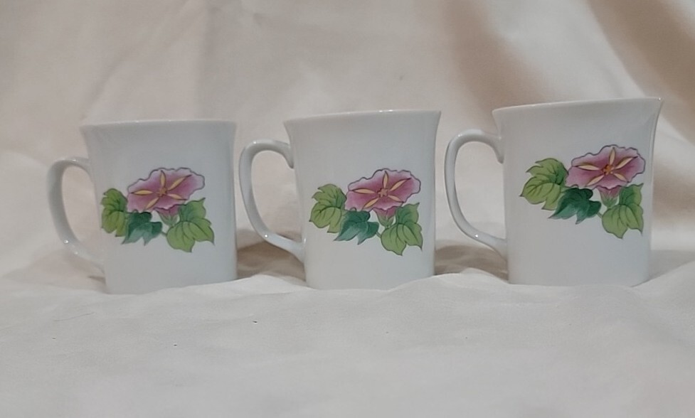 3 Morning Glory orig water color by EDA fine china cups C-Mann Pink/Blue Flowers