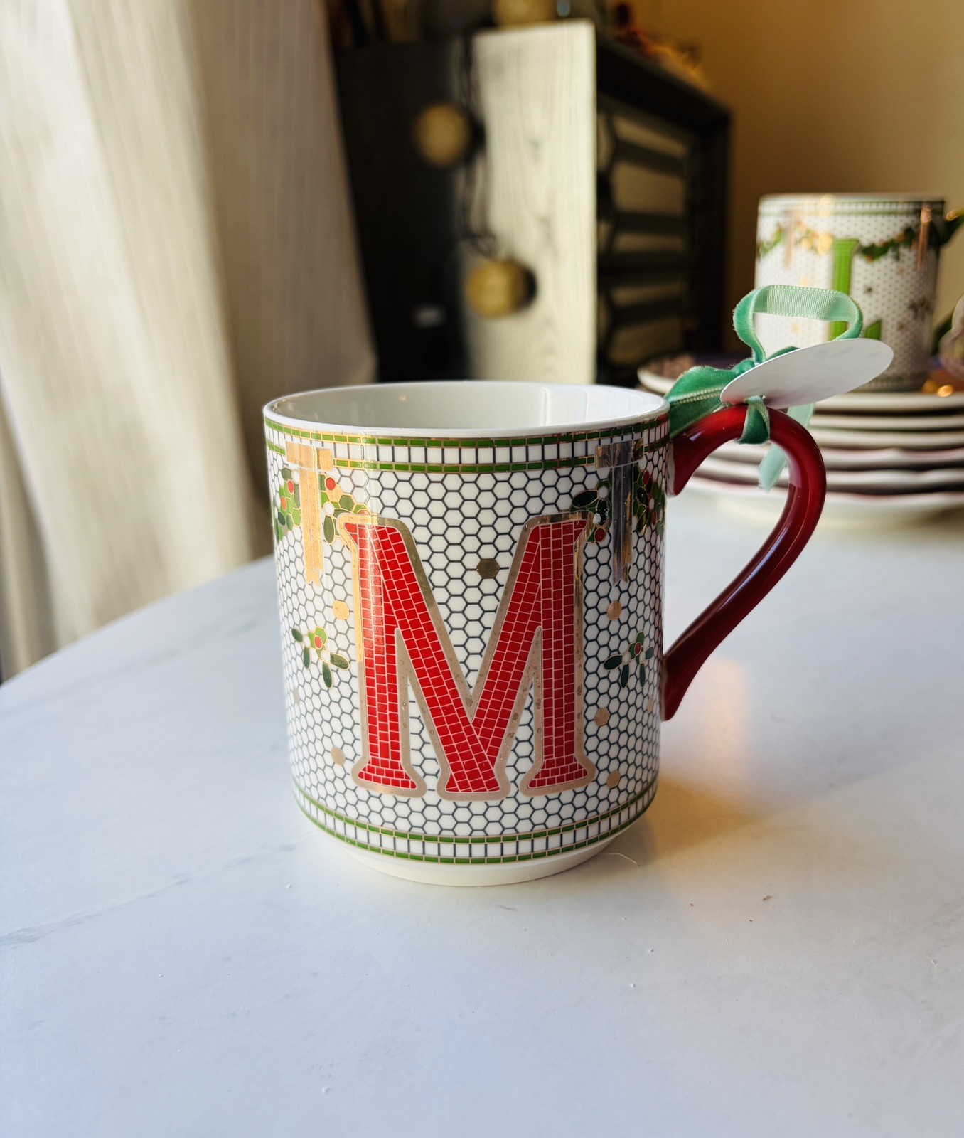NEW Anthropologie The Bistro Tile Stoneware Monogram Mug Festive Letter M