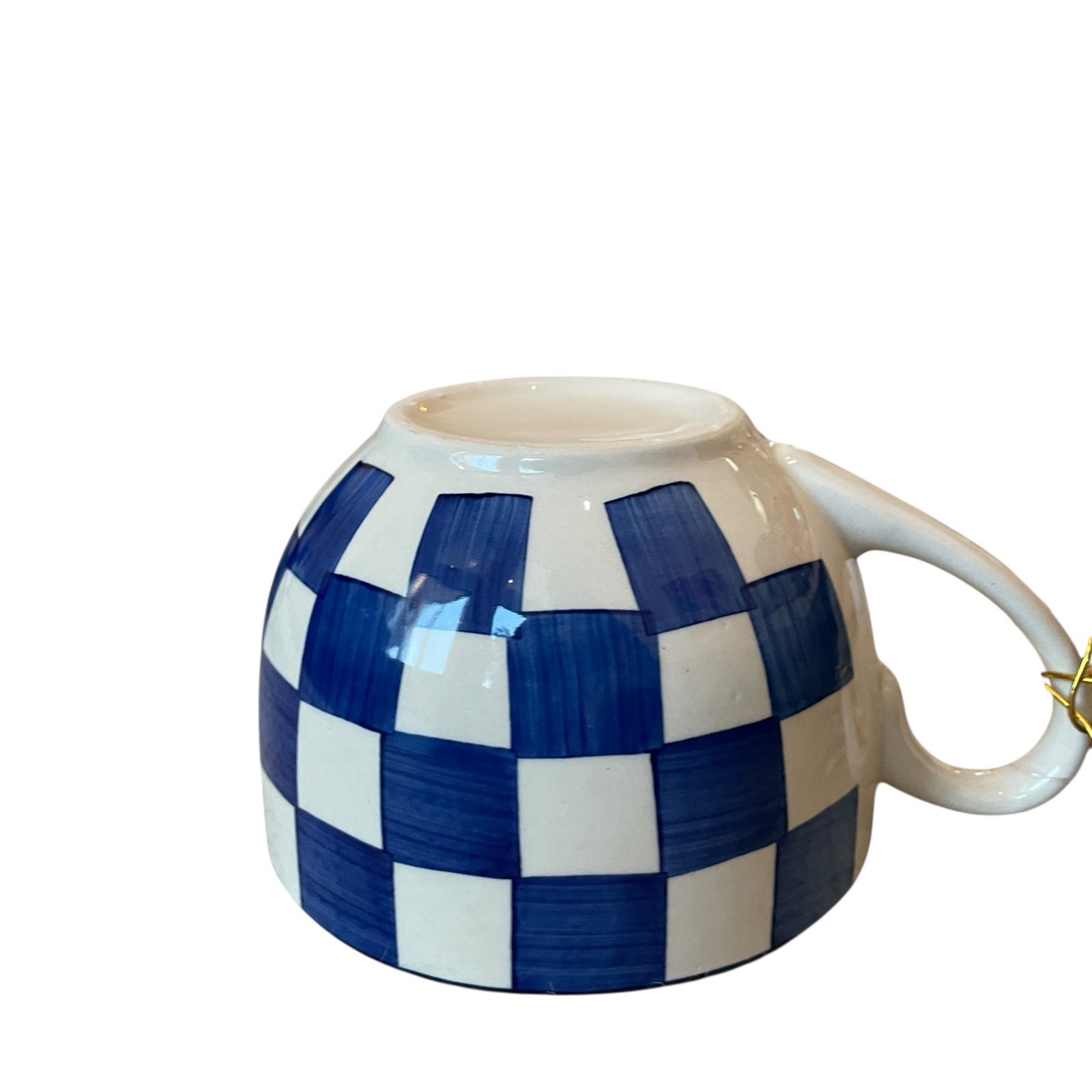 Hand Painted Checkered Soup Mugs 5.5in Ceramic Made in India Blue White Set of 2
