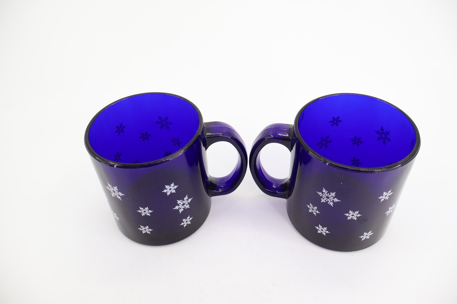 Libbey Cobalt Blue Glass Mugs Set of 2 White Snowflake Winter Christmas Holiday