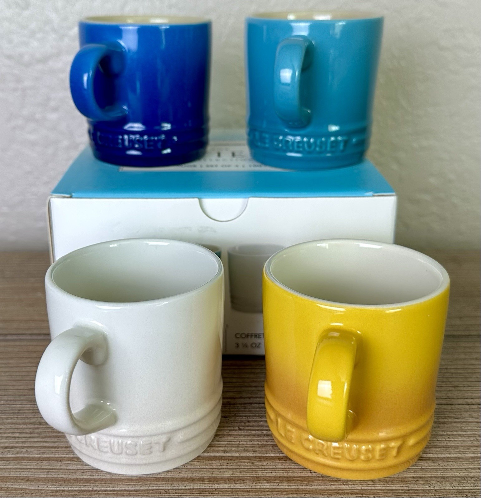 NEW Le Creuset 4 PC SET The Riviera Collection ESPRESSO MUGS Cups Gradient Blue