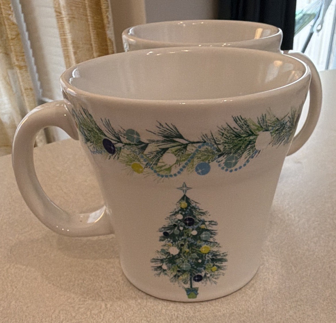 Fiesta ware Christmas Tree, 2 mugs, white w/ blue green decal, 15 oz fiestaware