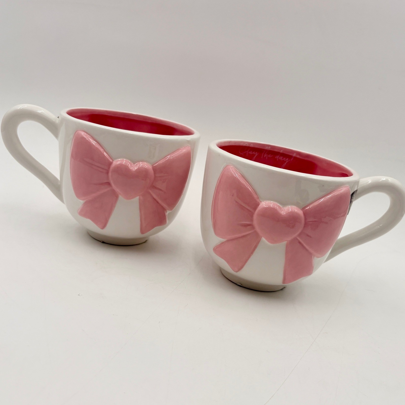 Slay The Day Pink Bow Heart Ceramic Coffee Mugs Set of 2 White Pink Hand Painted