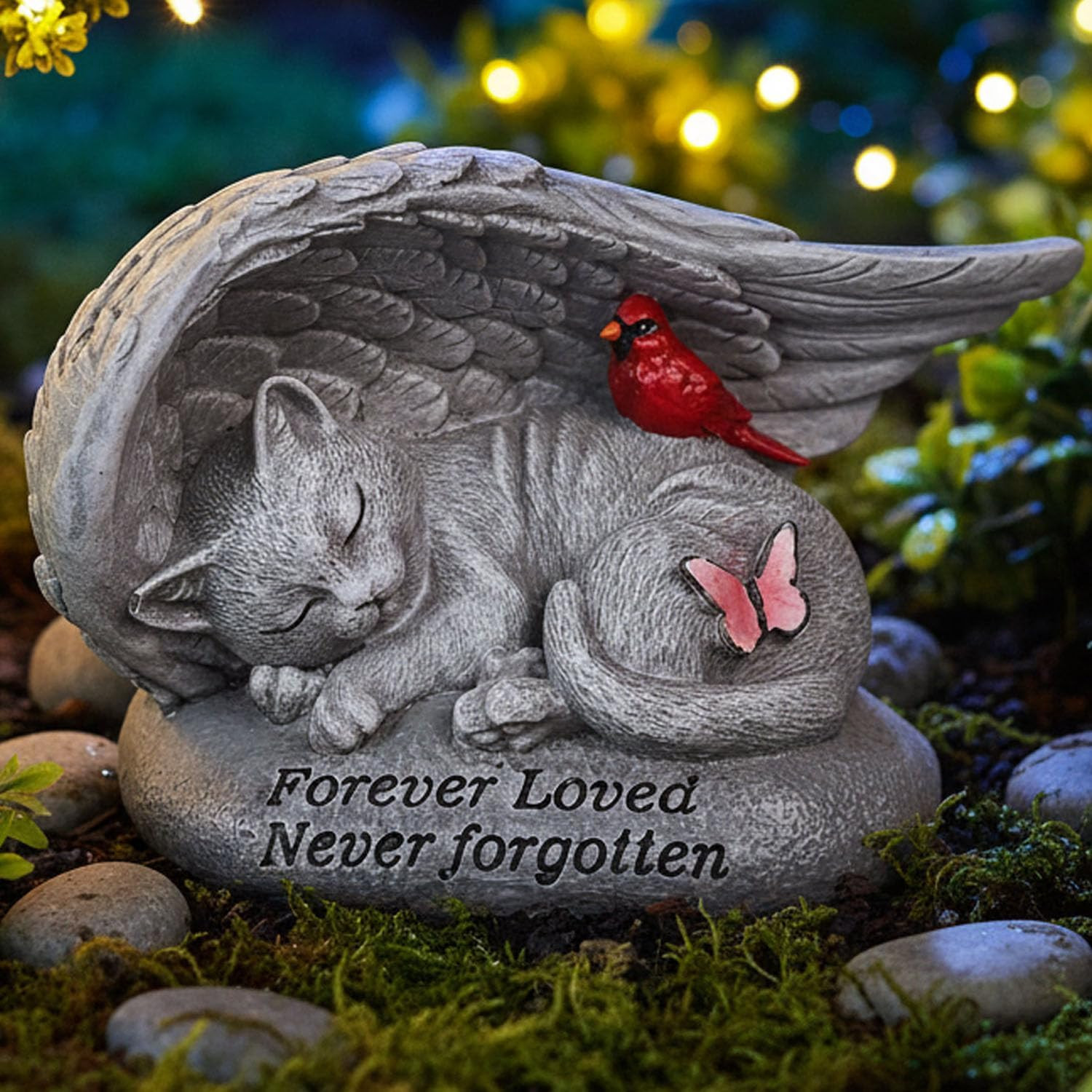 Cat Memorial Stones with Angel Wing Kitten Sculpture Sleeping 6 Inch, Pet Grave